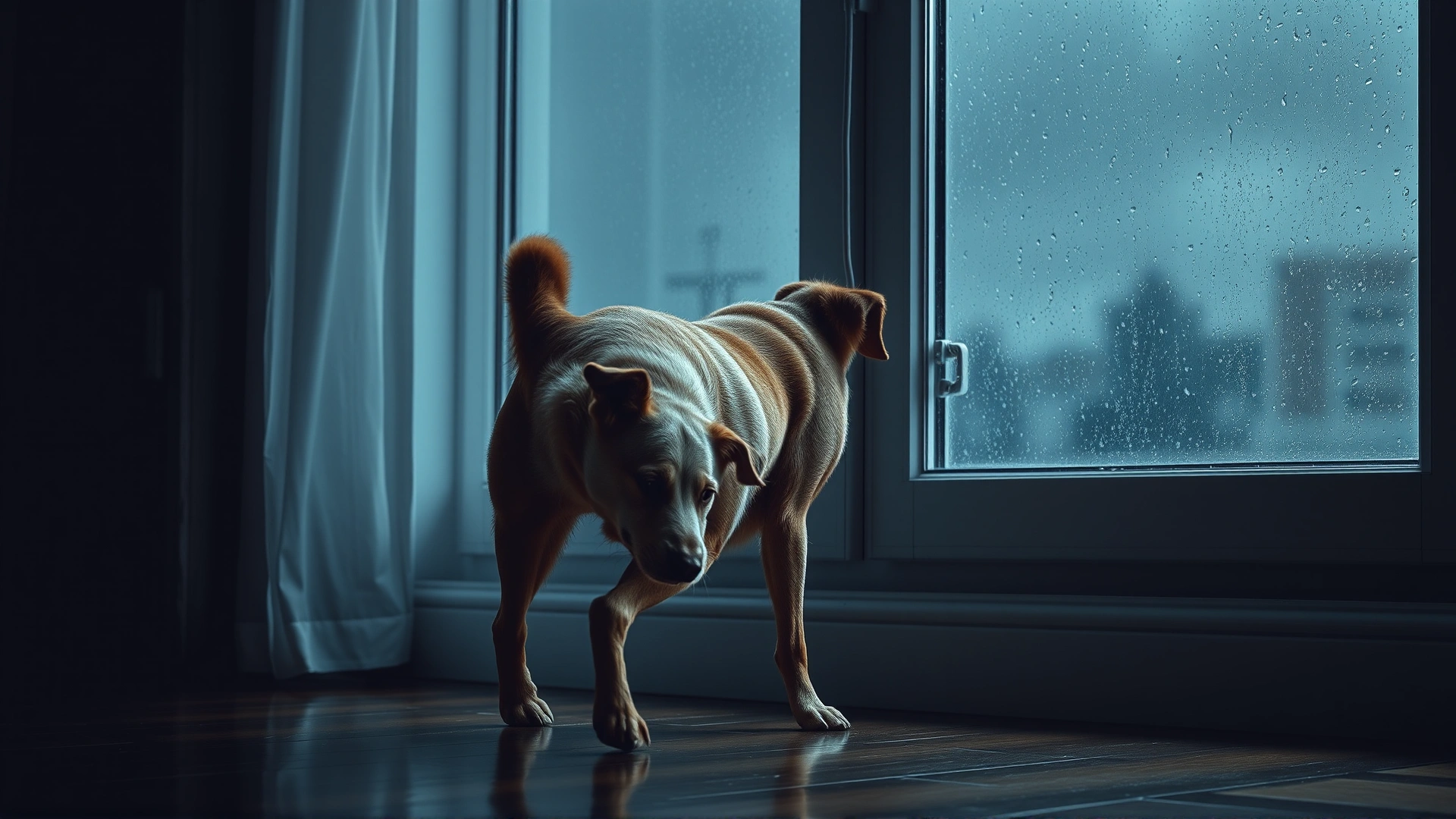 Full-body shot of a nervous dog pacing near a window during a thunderstorm, rain visible outside, low contrast lighting, no text