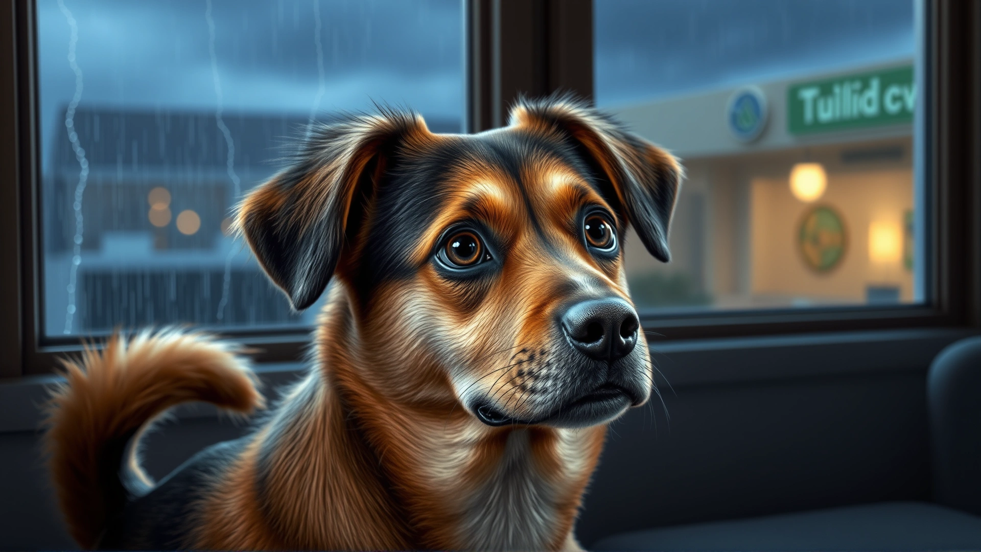 Medium-sized mixed breed dog with wide eyes and tucked tail during a thunderstorm, window showing rain