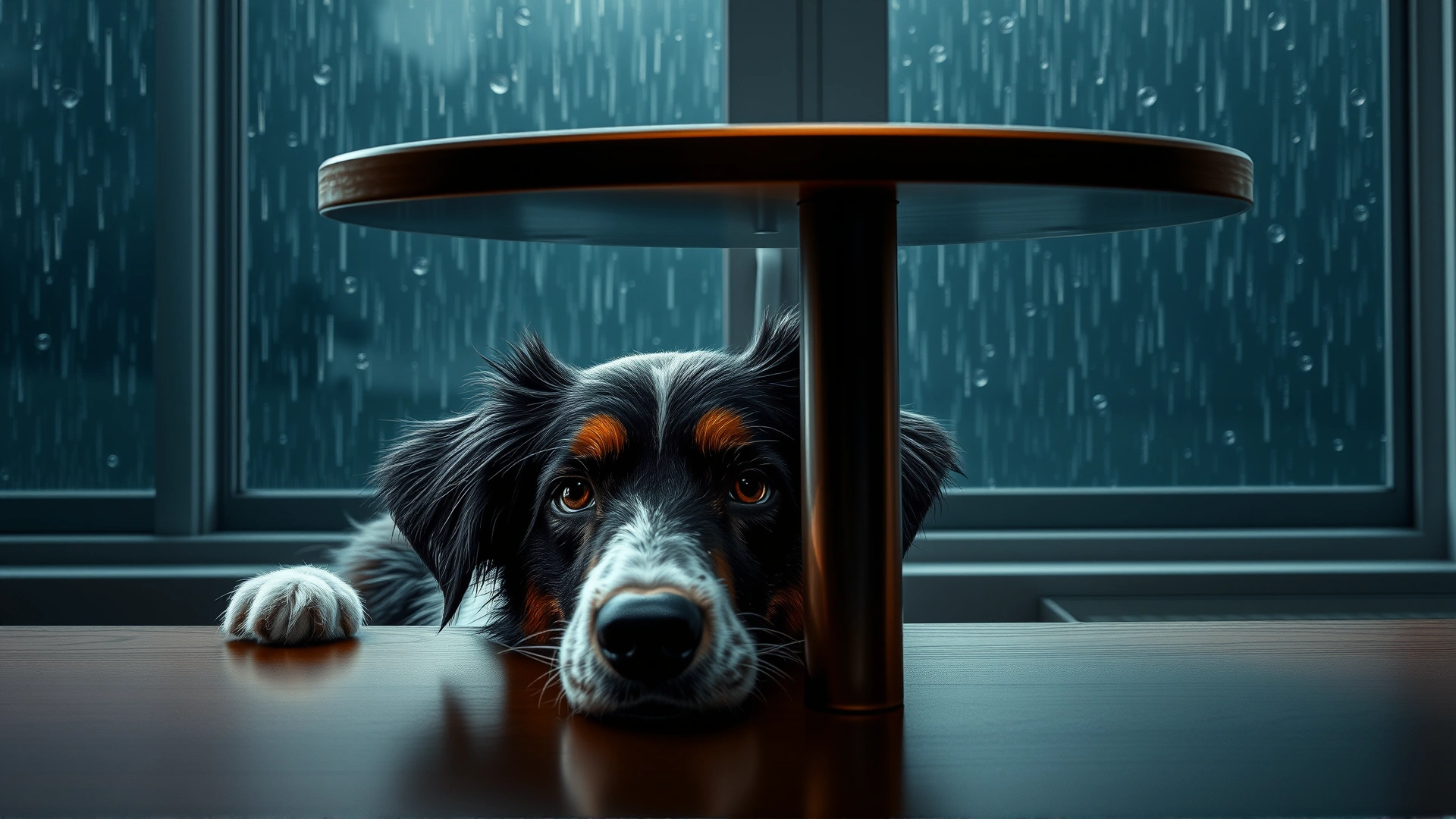 An anxious border collie hiding under a table during a thunderstorm, window showing rain outside.