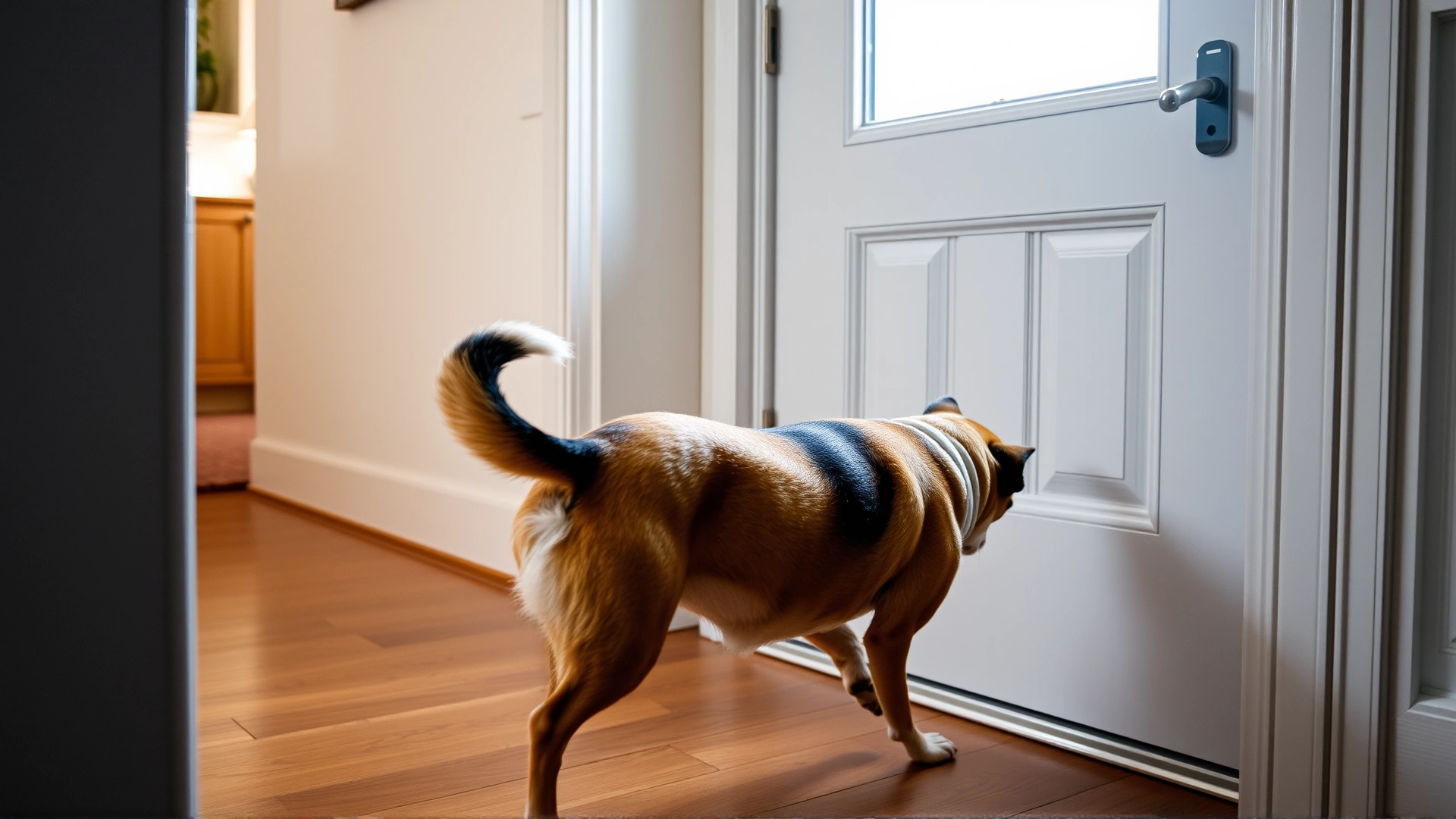 Medium-sized mixed-breed dog pacing nervously by the front door, ears back and tail tucked, indicating separation anxiety; indoor home setting; daylight