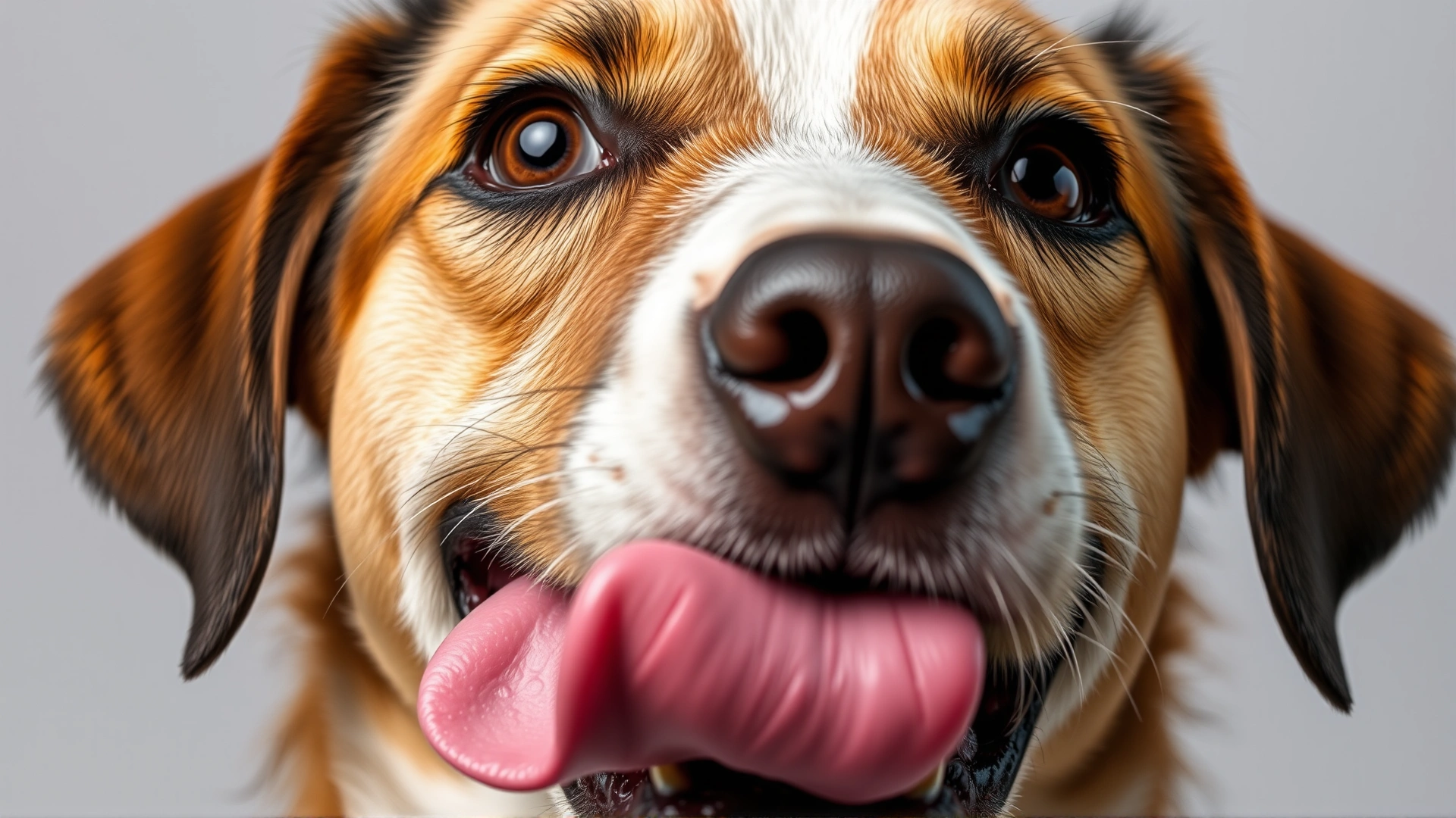 Close-up of a dog panting and showing subtle stress signals (lip licking, wide eyes), neutral background.