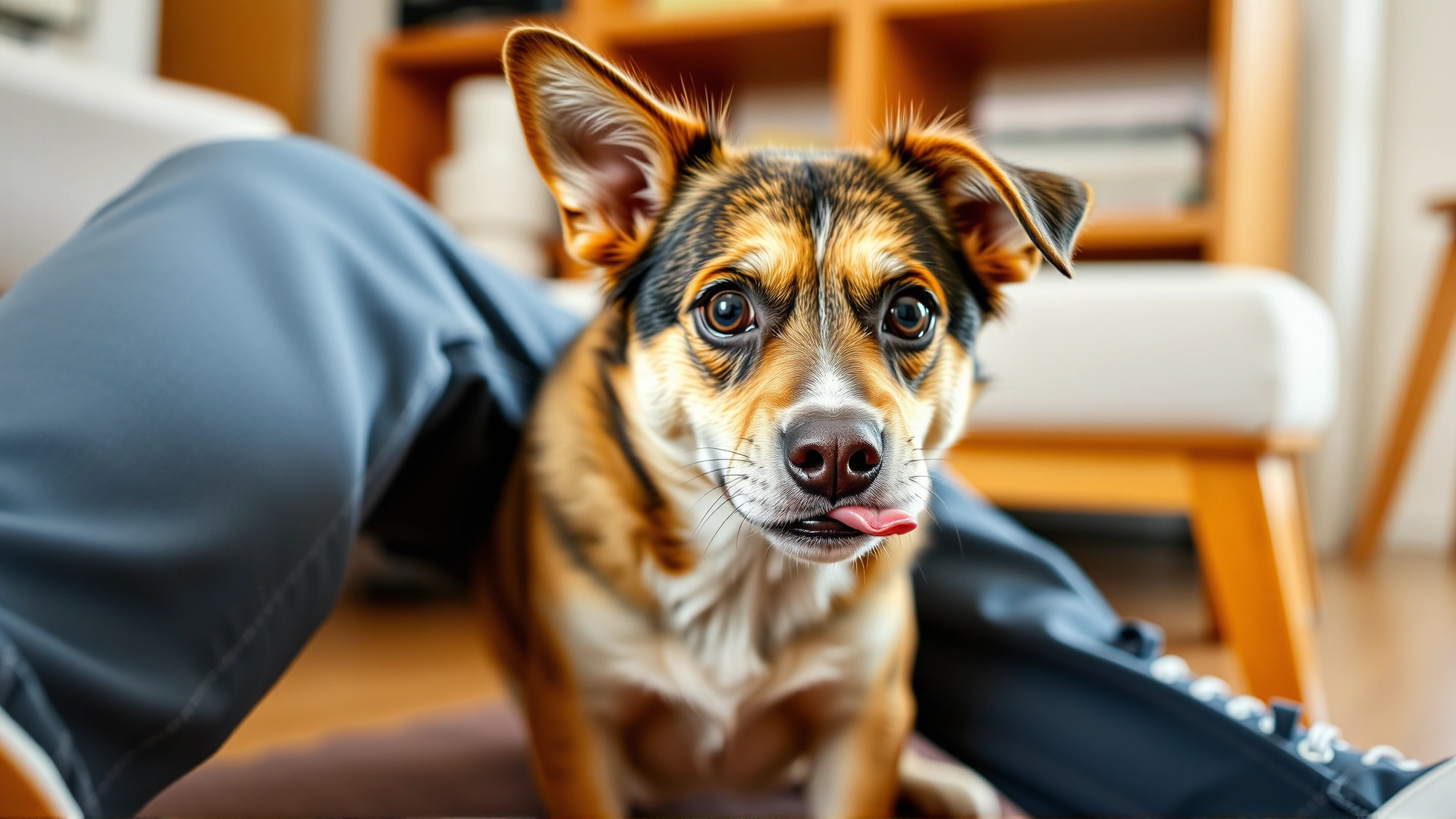 Medium-sized mixed-breed dog exhibiting anxiety by panting with wide eyes while sitting indoors next to its owner’s legs, no text.