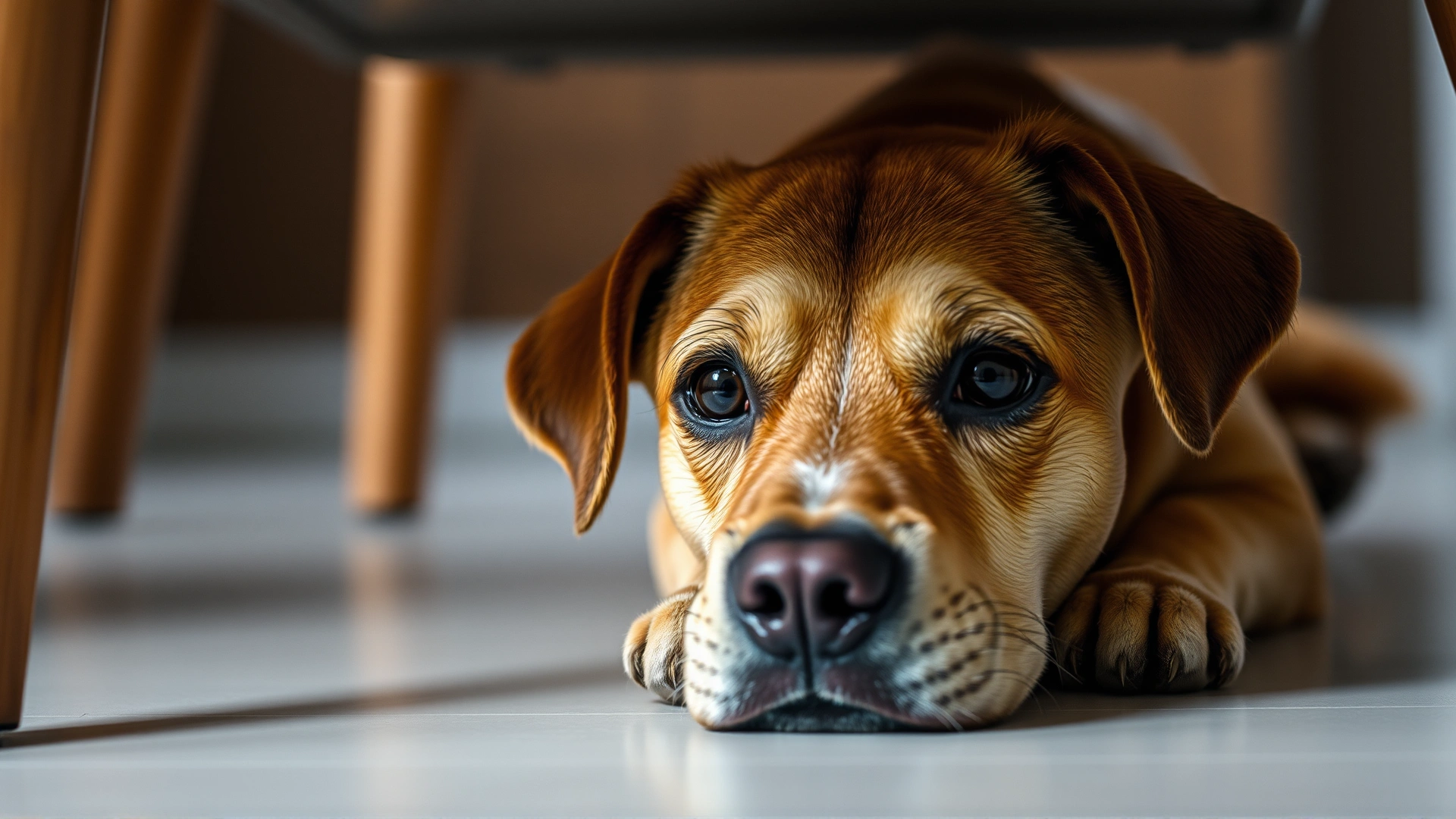 Close-up of a medium-sized dog under a table looking fearful, with gentle indoor lighting and soft shadows emphasizing its worried eyes and tucked tail.