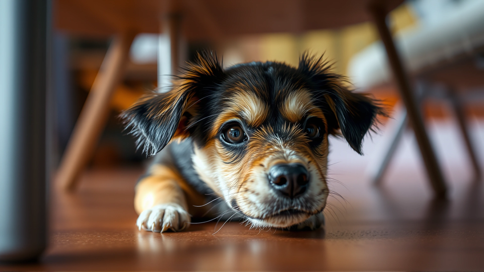 Small mixed-breed dog looking anxious and hiding under a table during a thunderstorm, soft focus