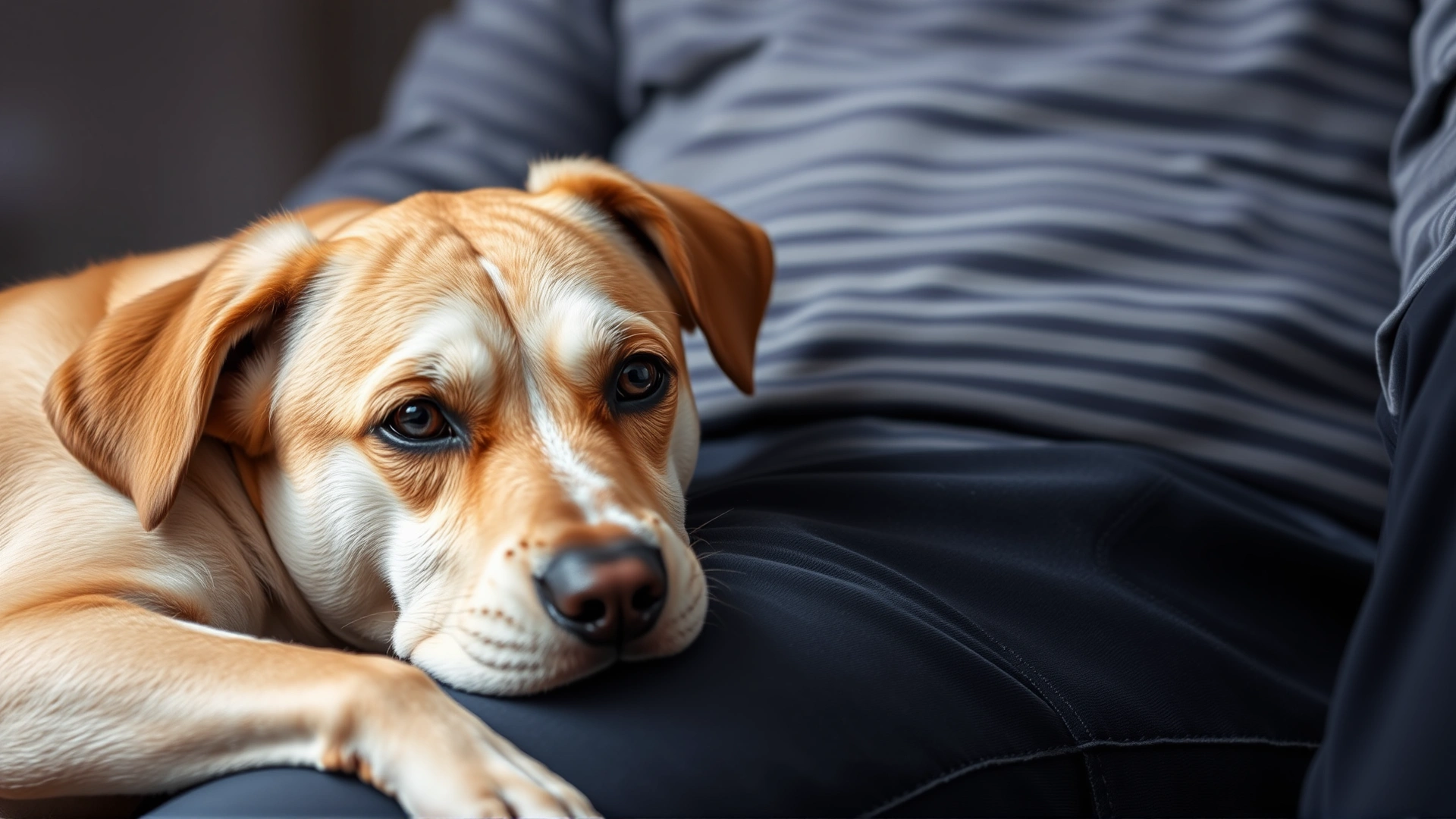 Dog with slightly worried eyes resting on owner's lap, demonstrating separation anxiety behaviors