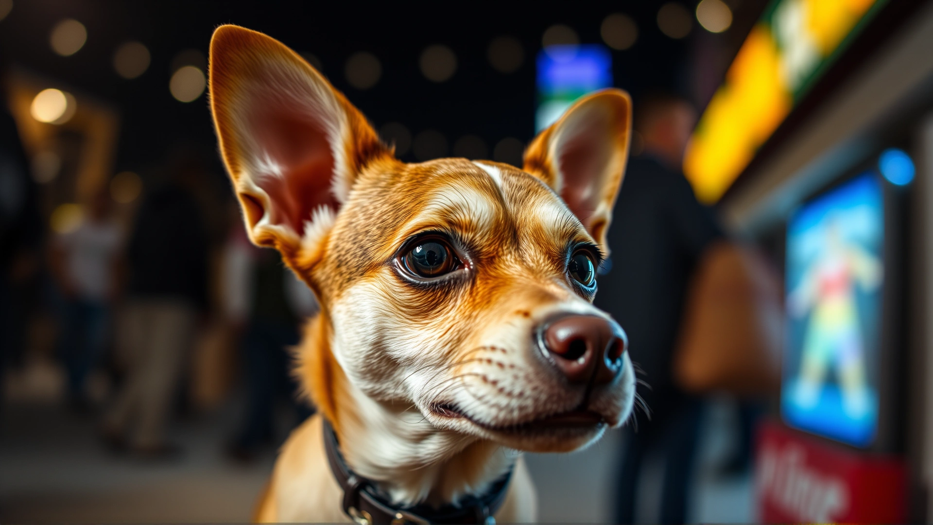 Close-up of a small dog with ears pinned back and wide eyes showing signs of stress in a crowded outdoor setting at night with blurred colorful lights.