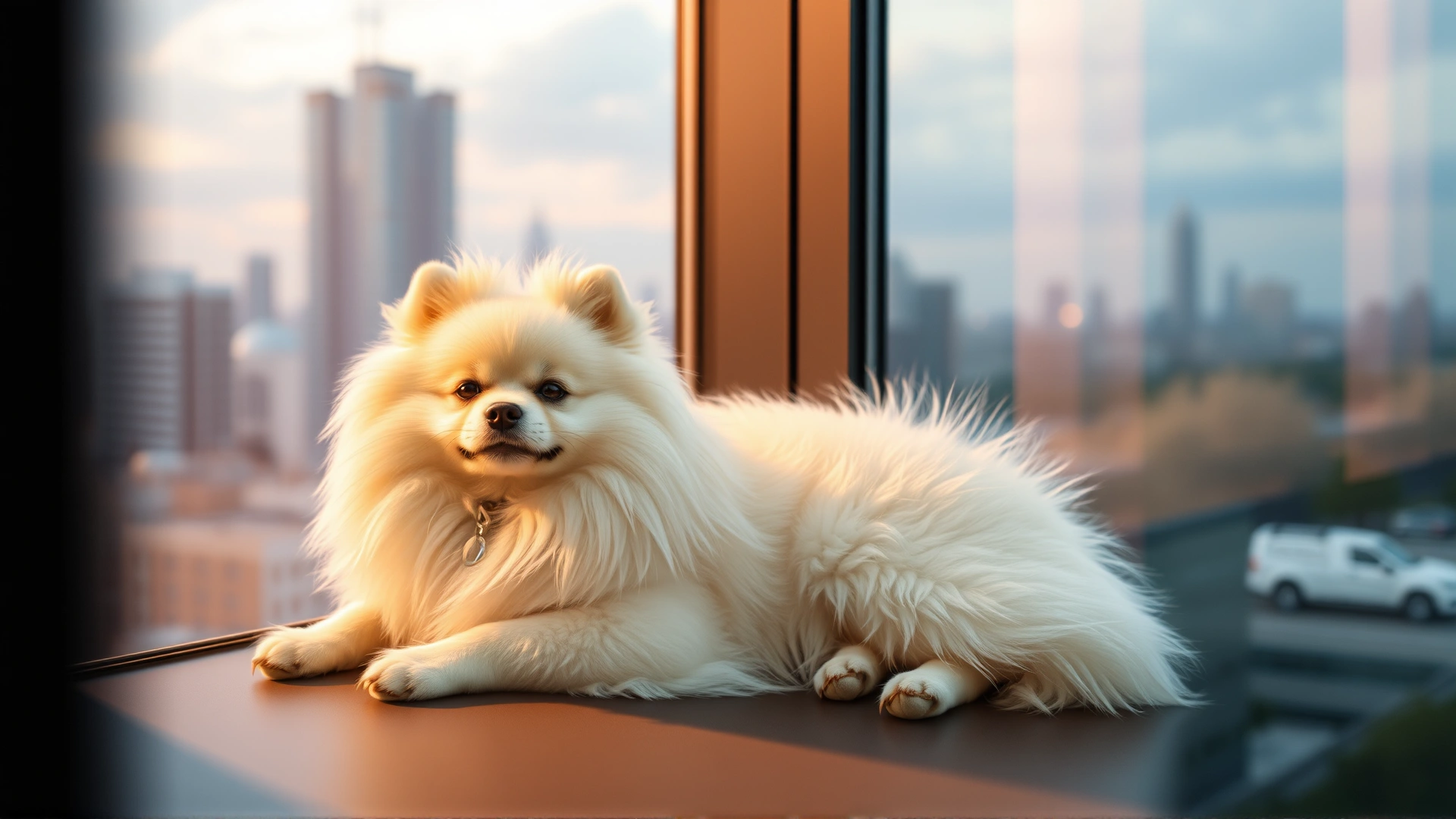 Japanese Spitz resting calmly on a balcony of a modern high-rise apartment with city skyline blurred behind, warm evening light
