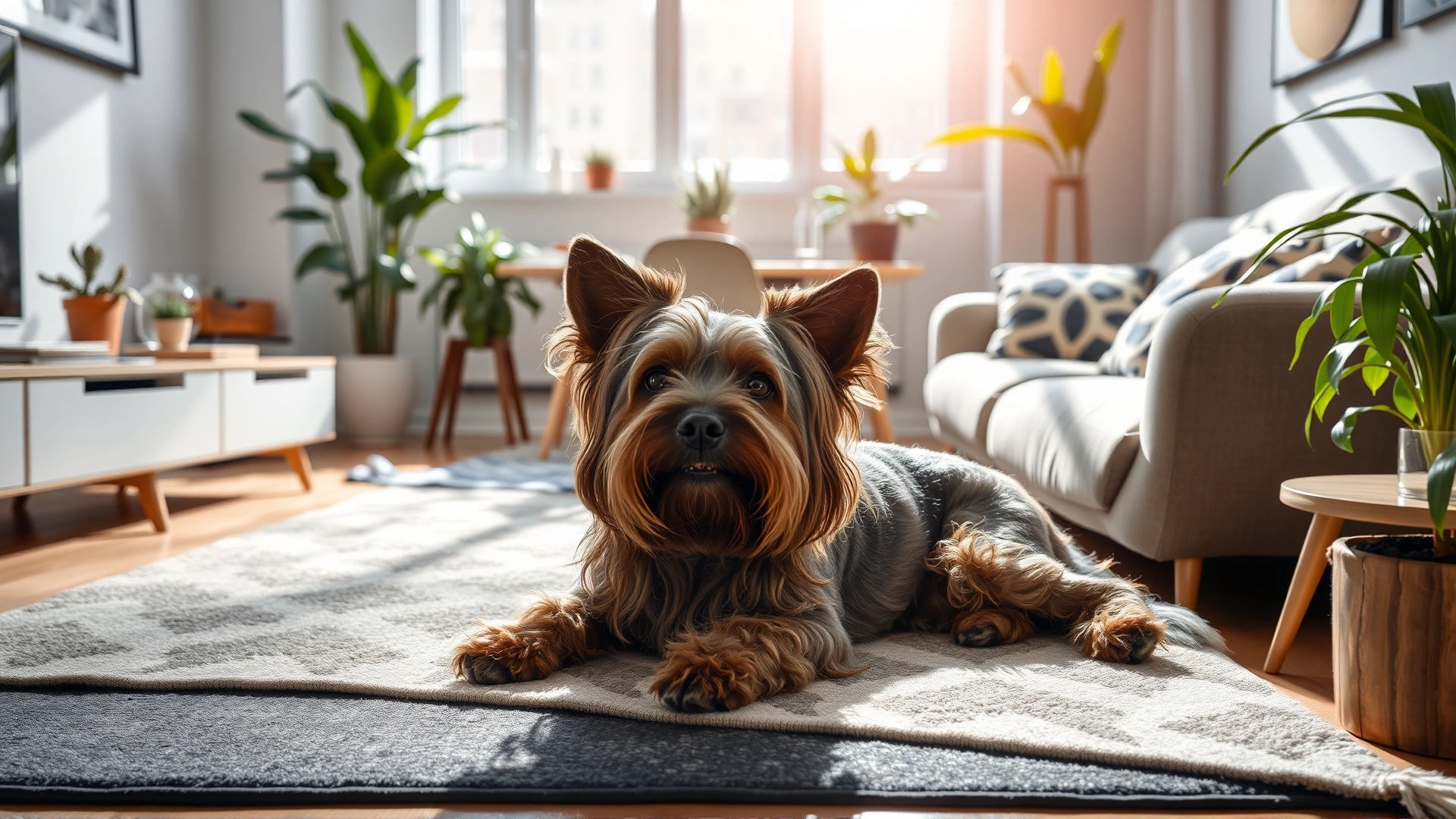 A relaxed Bolognese dog lying on a stylish rug in a sun-lit urban apartment with indoor plants and modern furniture.