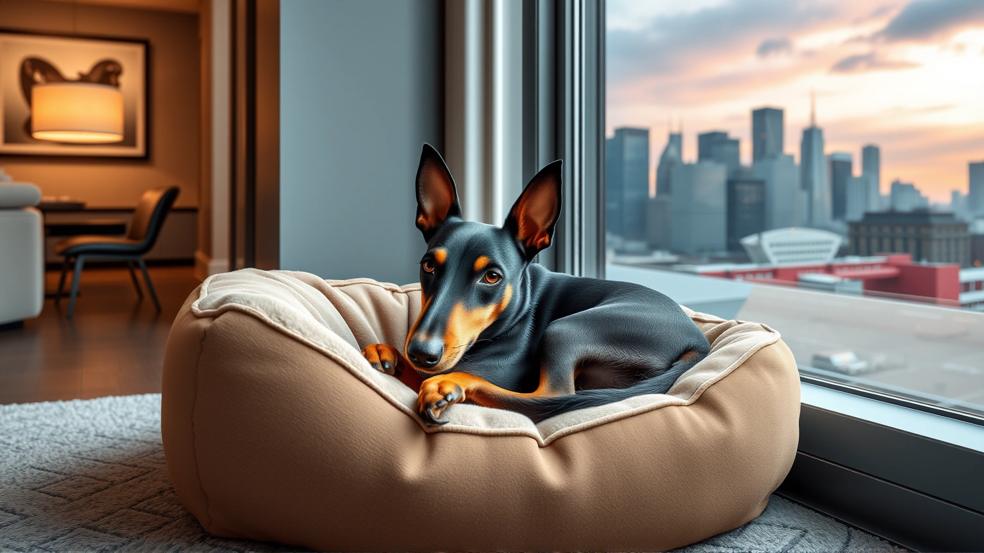Manchester Terrier curled up on a plush dog bed beside a large window overlooking a city skyline in a modern apartment living room.
