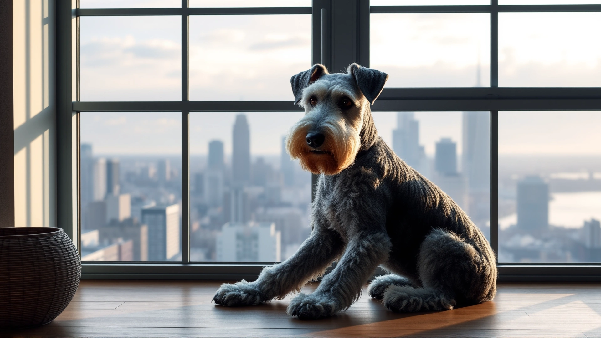 Bedlington Terrier sitting calmly by a large window in a modern apartment, city skyline in background, soft morning light