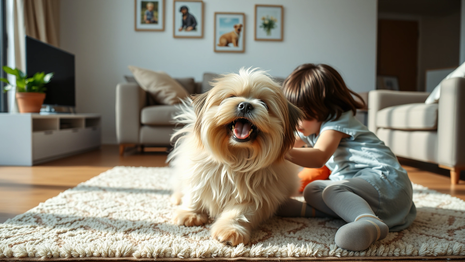 Cheerful scene of a Lhasa Apso playing with two children on a living room rug in a modern apartment, natural daylight