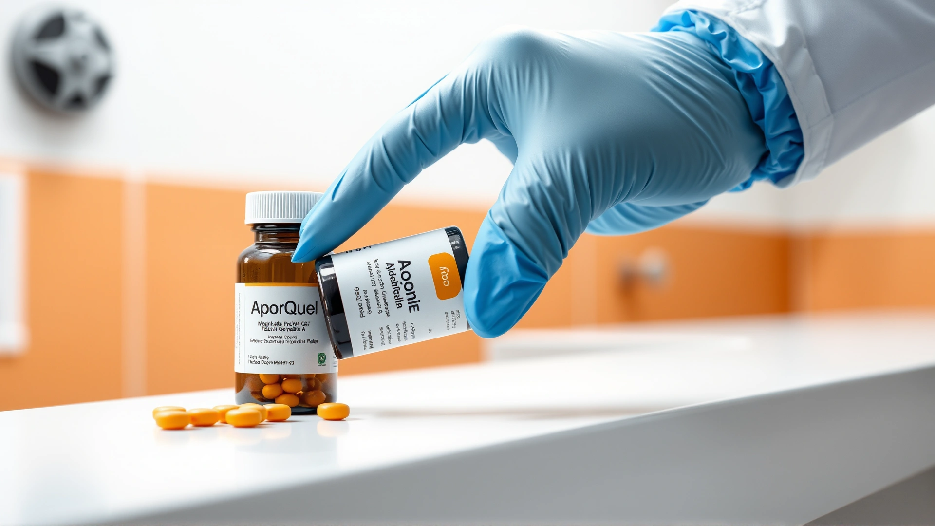 Close-up of a veterinarian’s gloved hand holding a bottle of Apoquel tablets on a clean clinic counter, soft studio lighting