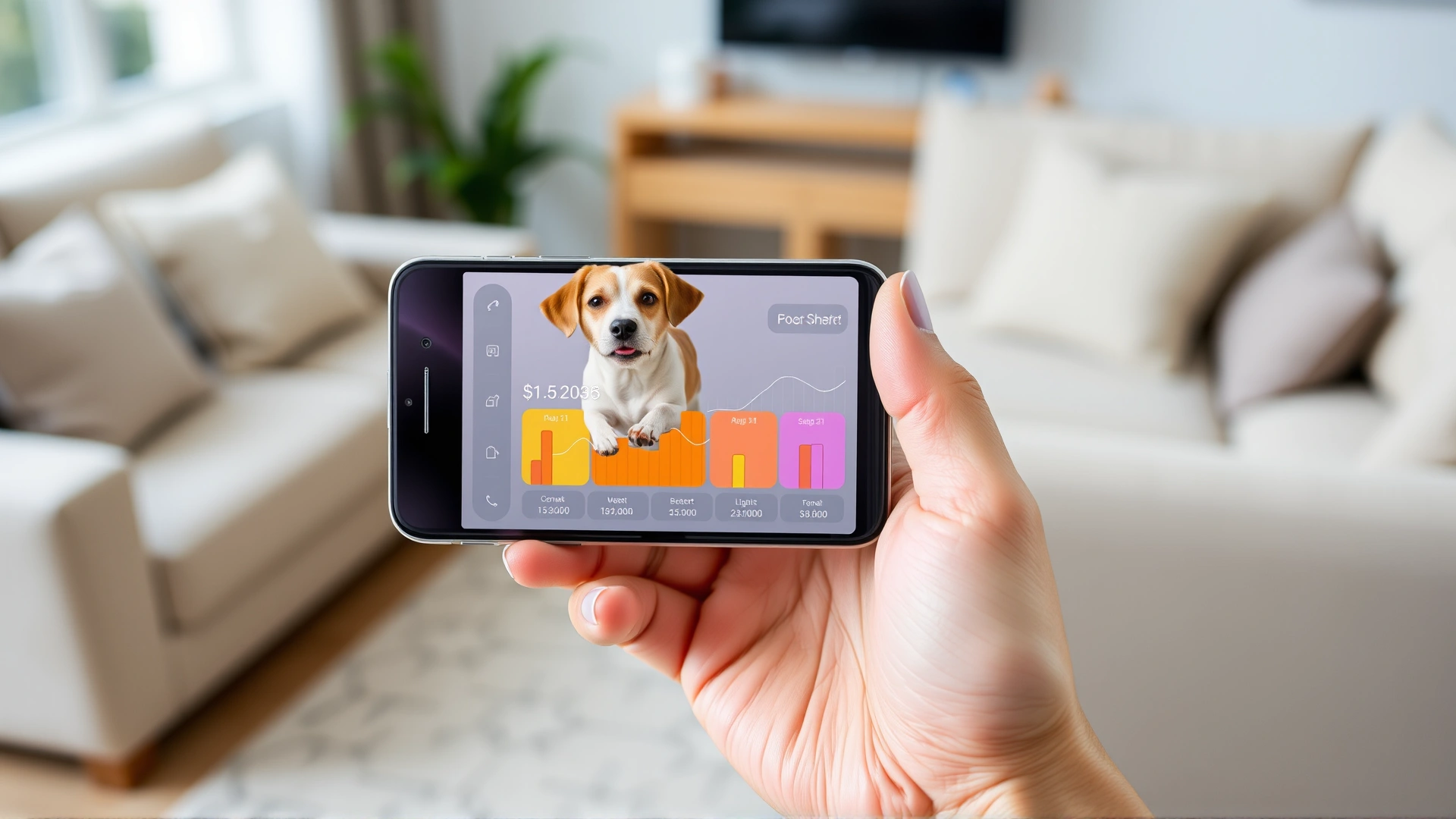 Smartphone held in a hand displaying a colorful activity tracking app dashboard for a dog, with charts and step counts, blurred living room background