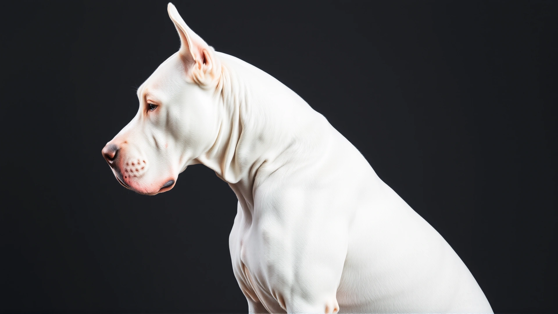 Studio portrait of a muscular Dogo Argentino in three-quarter stance showing full white coat against a dark neutral background