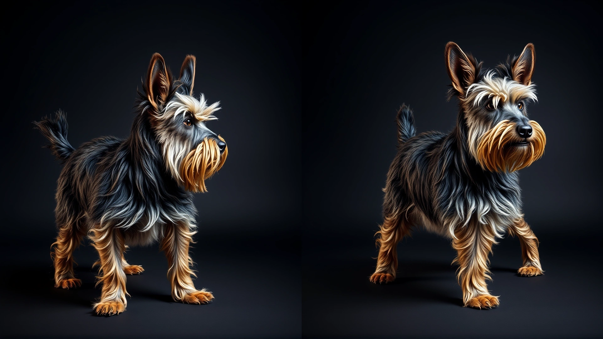 Studio composite showing side and front views of an adult Skye Terrier to highlight its long body and erect ears.