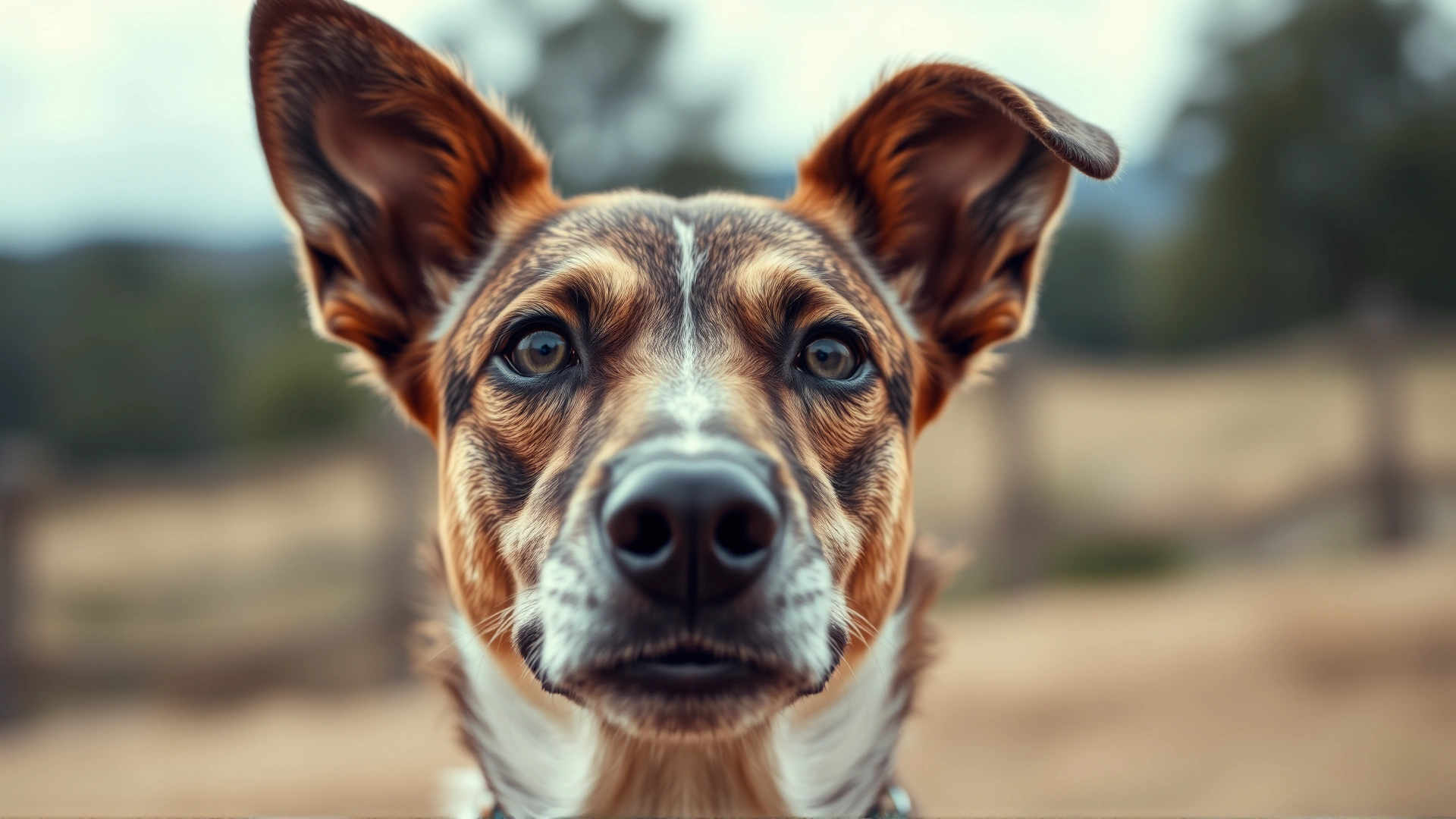 Close-up portrait of a Texas Heeler with heterochromia eyes, alert ears, and blurred natural background