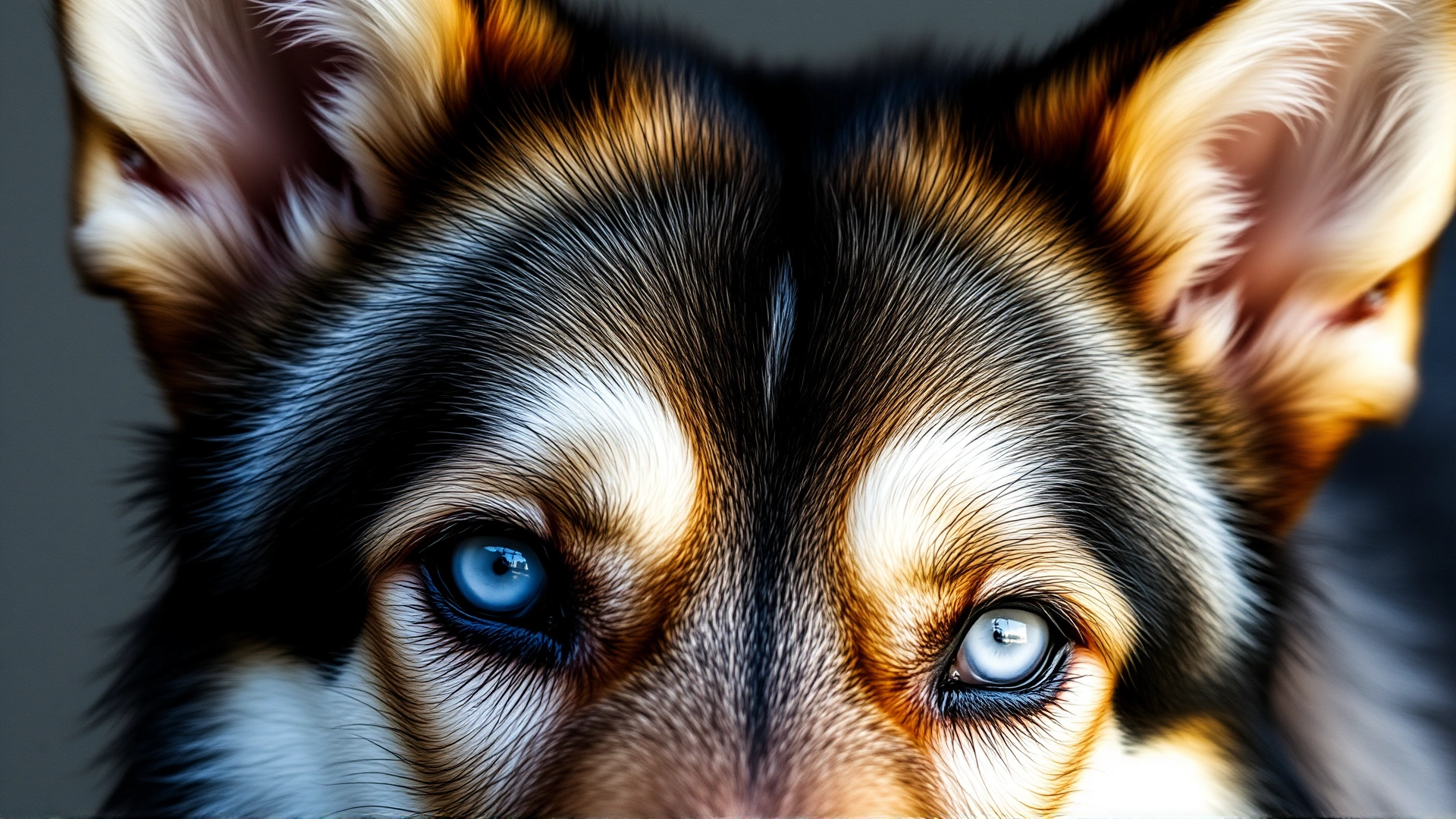 Close-up portrait of a Gerberian Shepsky showing heterochromatic eyes, erect ears, and a thick double coat.