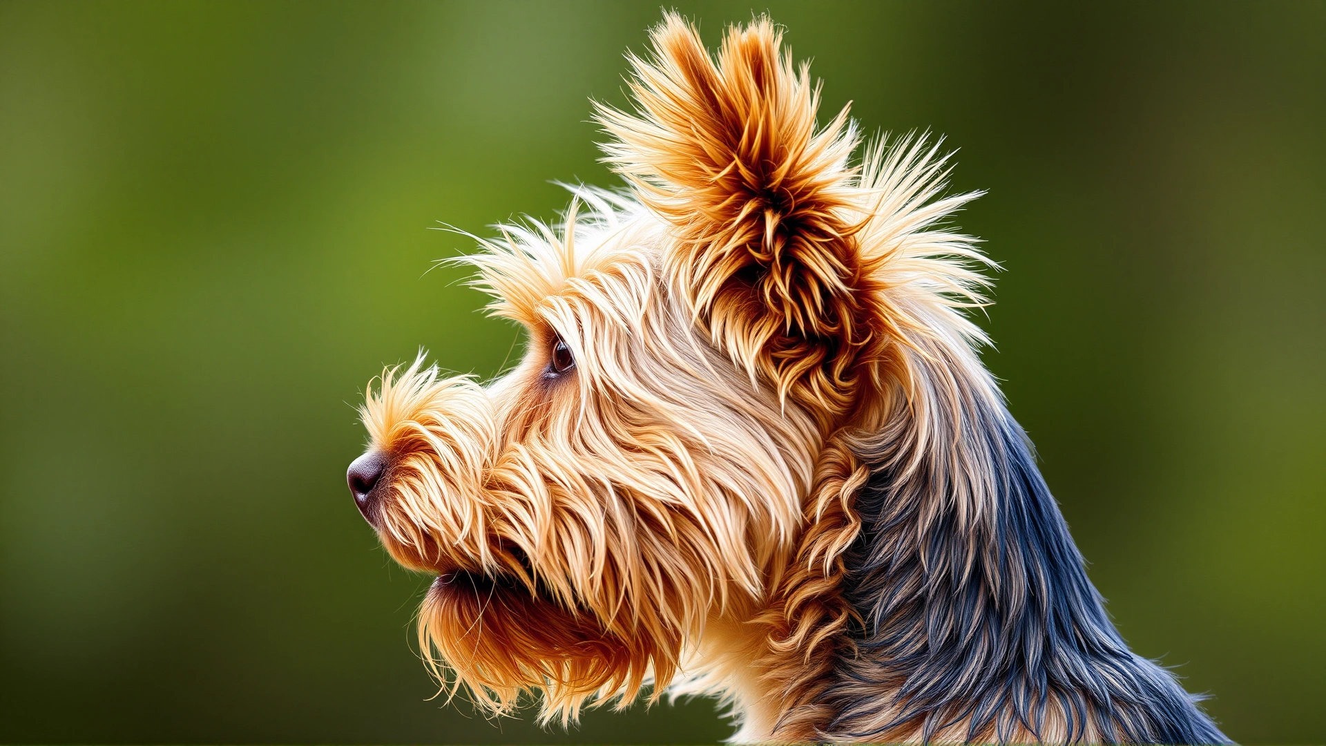 Side profile of a Norwich Terrier highlighting its pricked ears, fox-like expression and wiry double coat texture