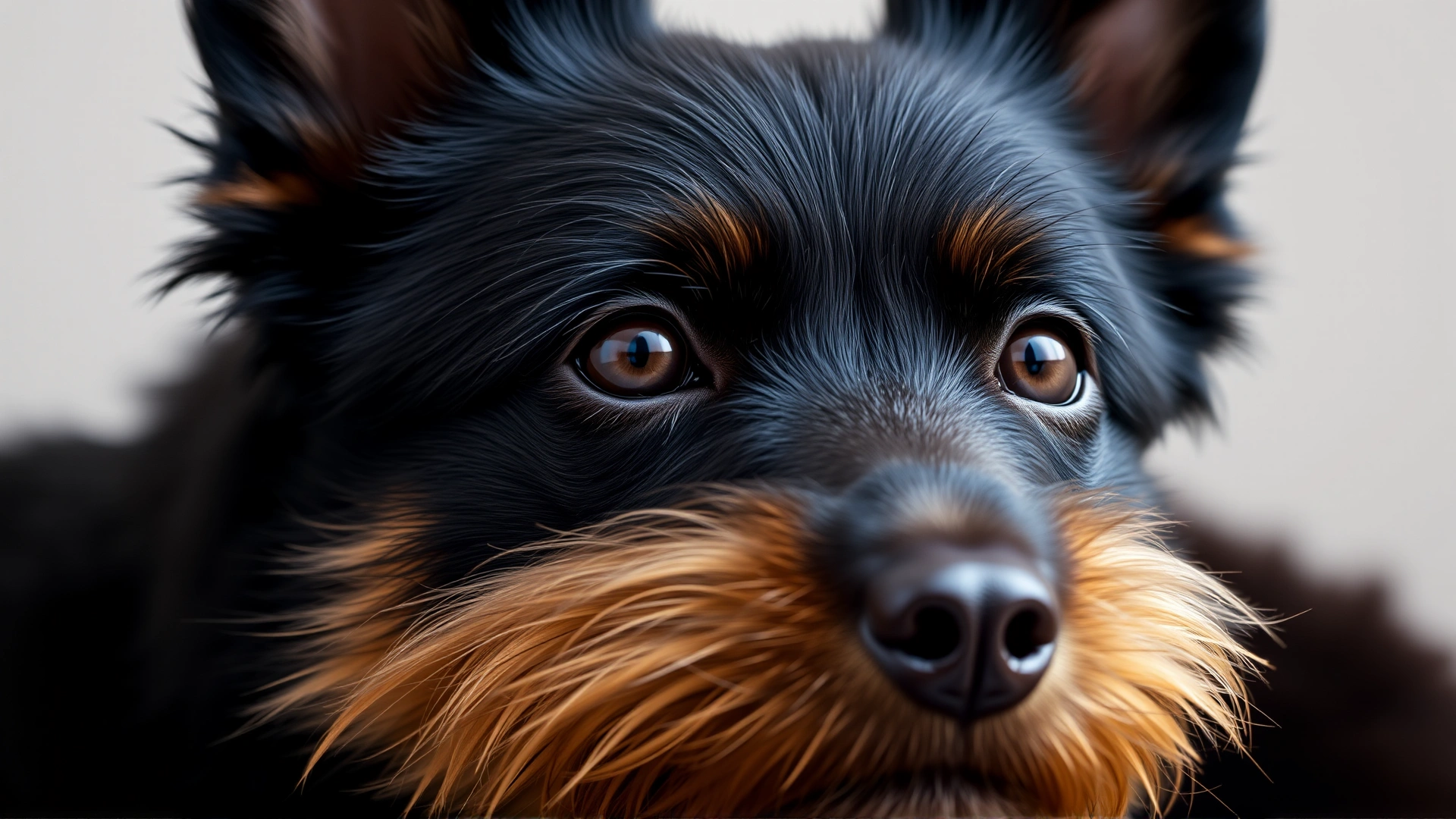 Close-up portrait of a Schipperke’s face showing its dark almond eyes, pointed ears, and thick ruff of fur around the neck against a neutral backdrop.