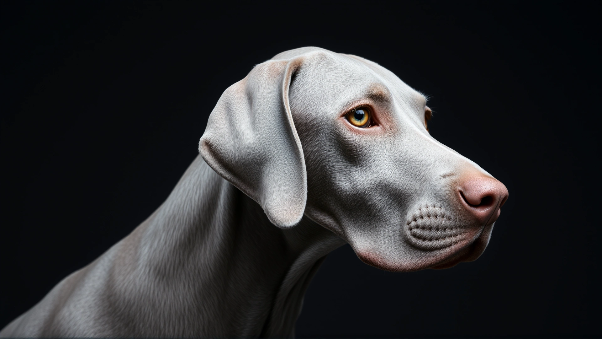 Close-up studio shot of a Weimaraner’s head in profile, highlighting the short silver-gray coat, floppy ears, and piercing light-amber eyes against a dark neutral background.