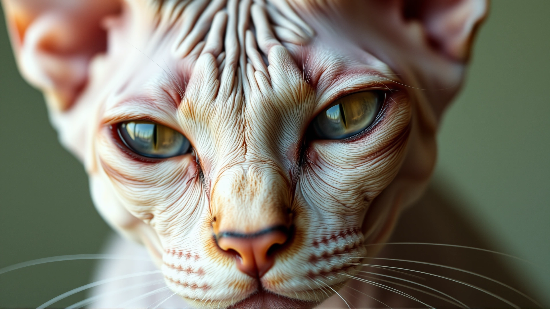 Macro shot of Sphynx cat's wrinkled skin and fine down under soft studio lighting.