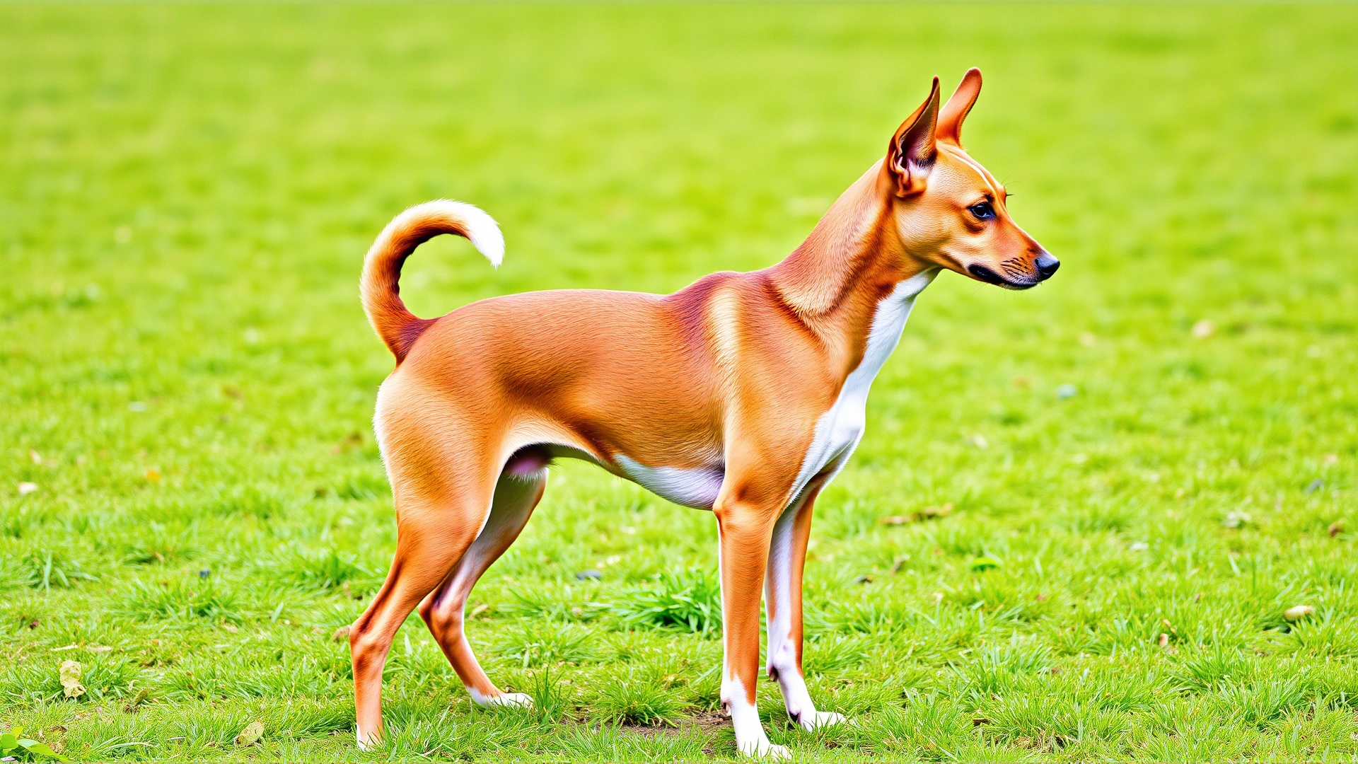 A full-body side-profile of a Basenji standing alert on fresh grass, highlighting its tightly curled tail, upright ears, and wrinkled forehead.