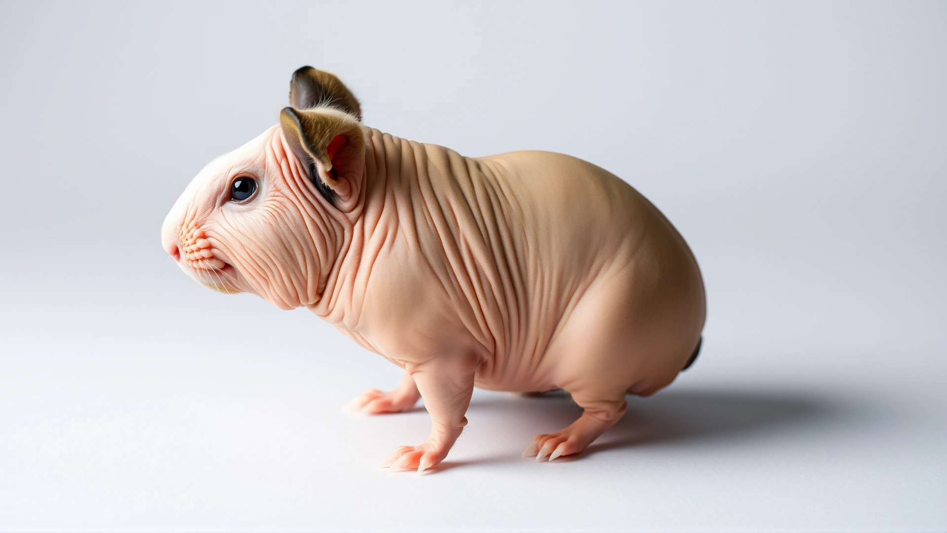 Side-lit photo of a hairless guinea pig standing on a neutral background that highlights the texture and wrinkles of its bare skin.