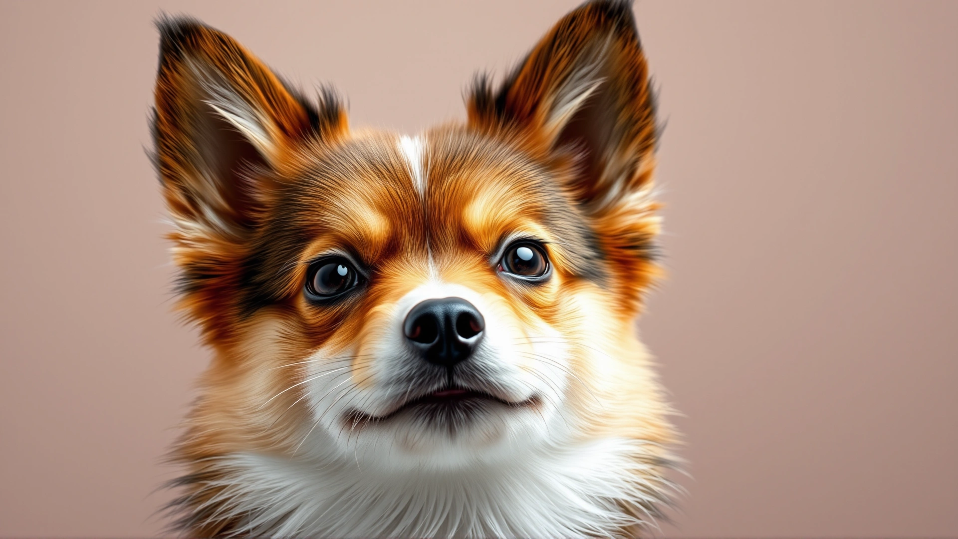 Close-up portrait of a Pomchi showing its fox-like face, erect ears, and expressive eyes against a neutral background