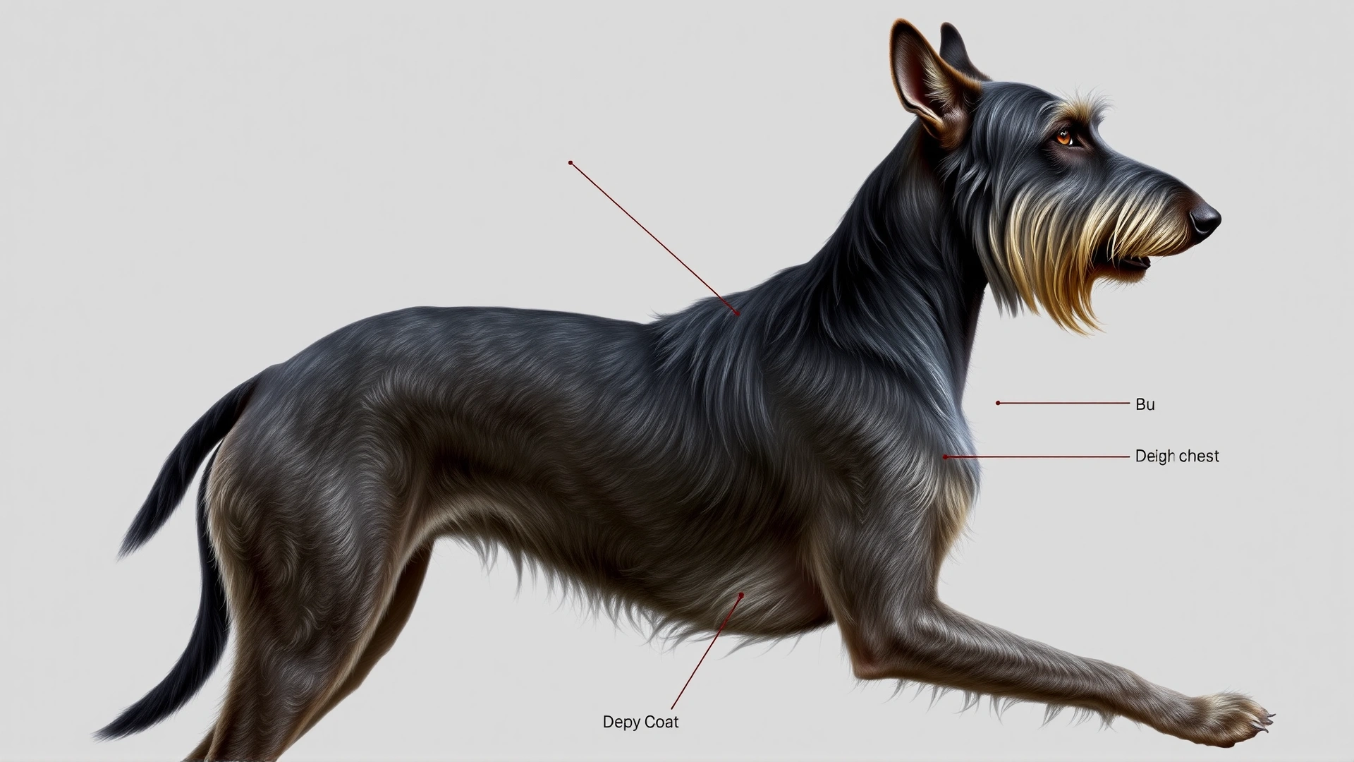 Annotated side profile illustration of an Irish Wolfhound highlighting height, deep chest and wiry coat, neutral background, no text