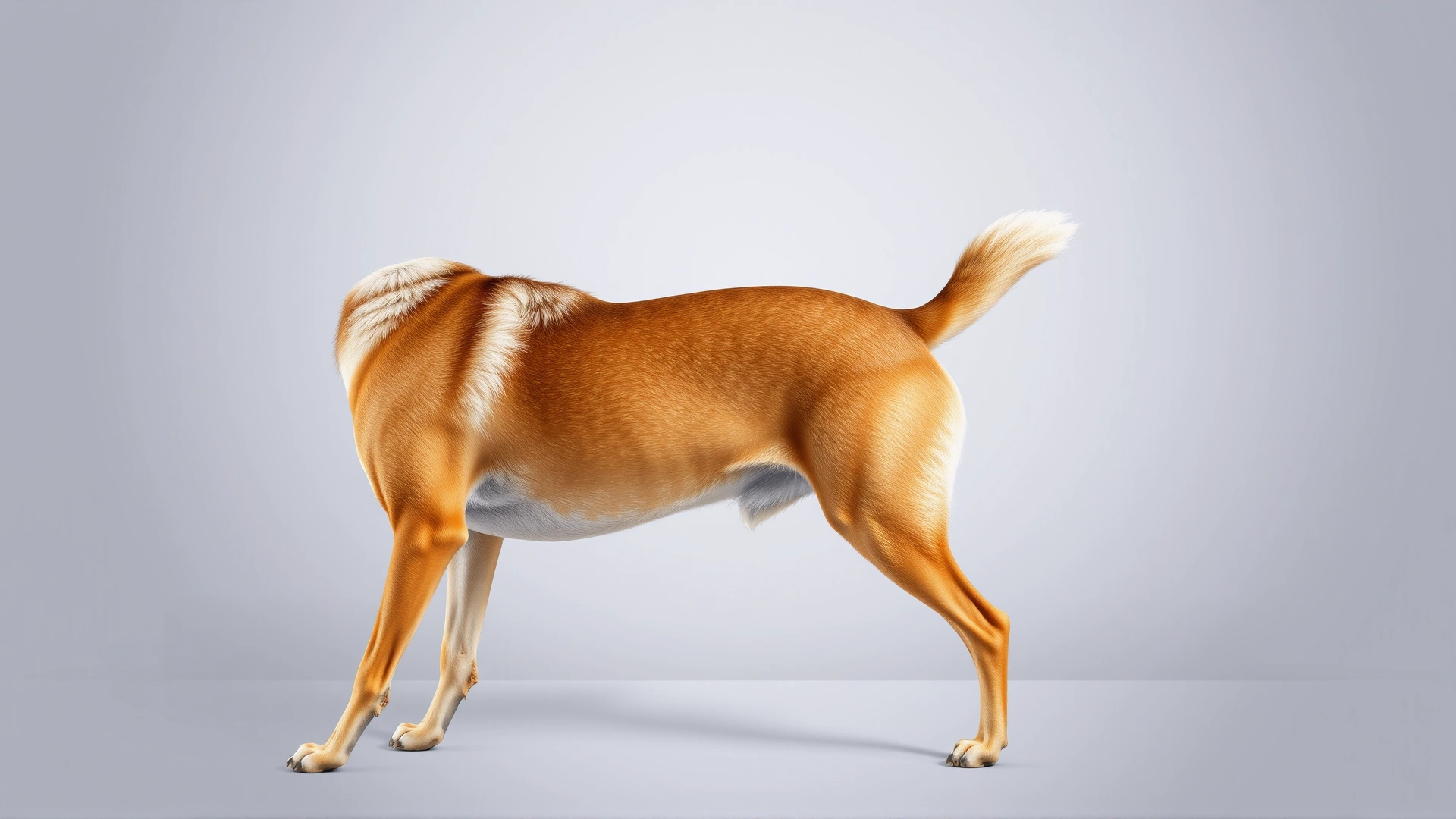 Full-body profile of a Carolina Dog standing sideways against a neutral background to clearly show its body proportions and curved tail