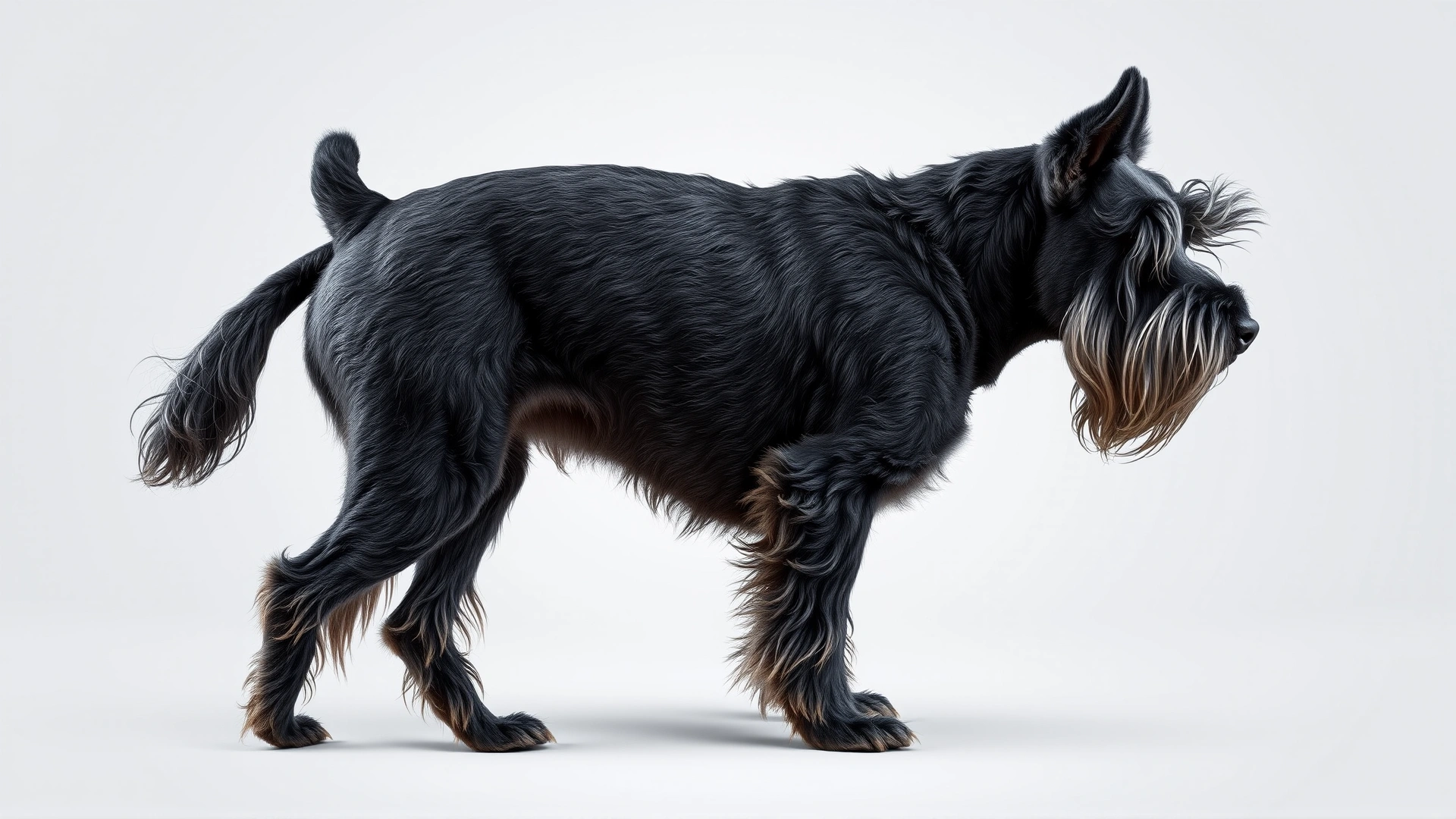 Full-body side profile of a Miniature Schnauzer showing its wiry coat and cropped tail on a neutral studio background