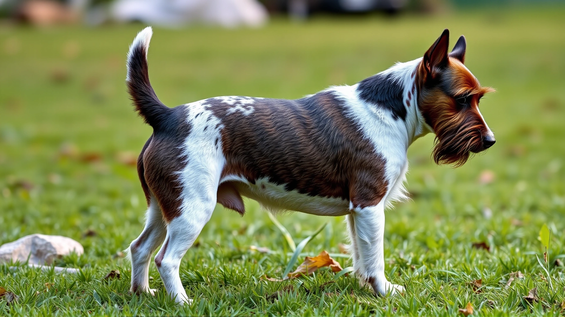 A side profile of a Russell Terrier standing on grass, showing its muscular body and coat texture