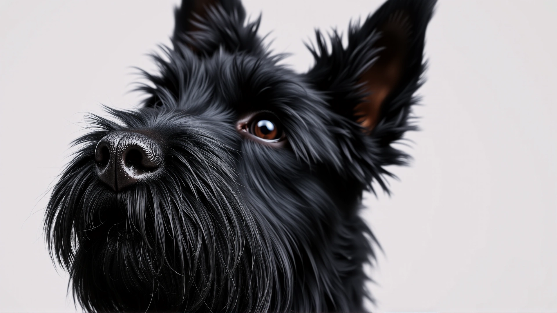 Close-up portrait of an adult black Scottish Terrier showcasing its beard, glossy wiry coat, and sharp eyes against a neutral studio background