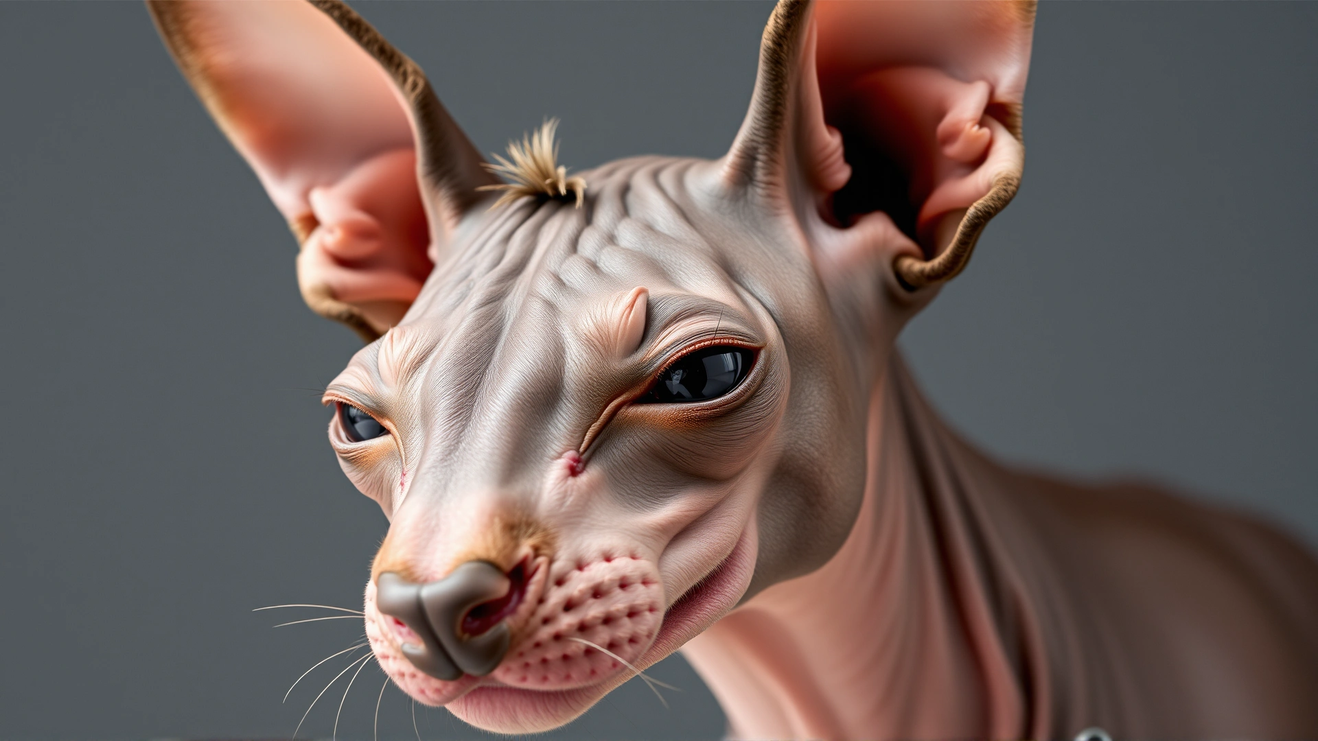 Close-up studio shot of a hairless Xoloitzcuintli highlighting its smooth skin texture and small tuft of hair on the head.