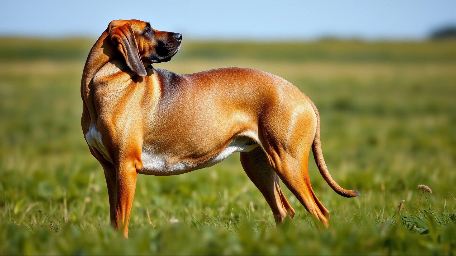 Full-body side profile of a Bloodhound in a grassy field, clearly showing its loose skin folds and muscular build, bright daylight