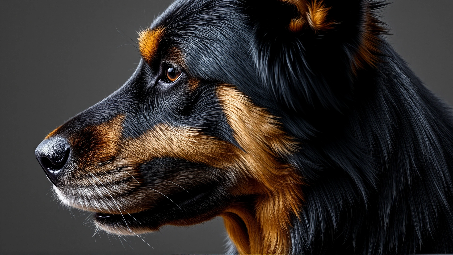 Close-up side profile of a Sheprador highlighting its double coat texture and mixed facial features of both parent breeds.