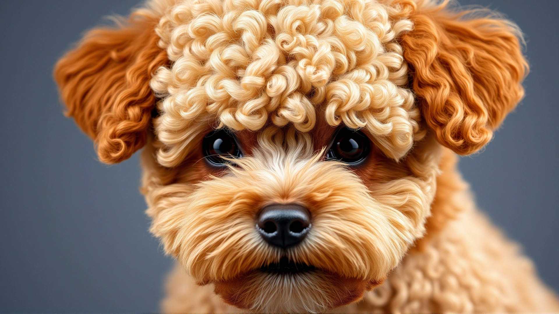 Close-up studio shot of a well-groomed Toy Poodle highlighting its curly coat texture and expressive eyes