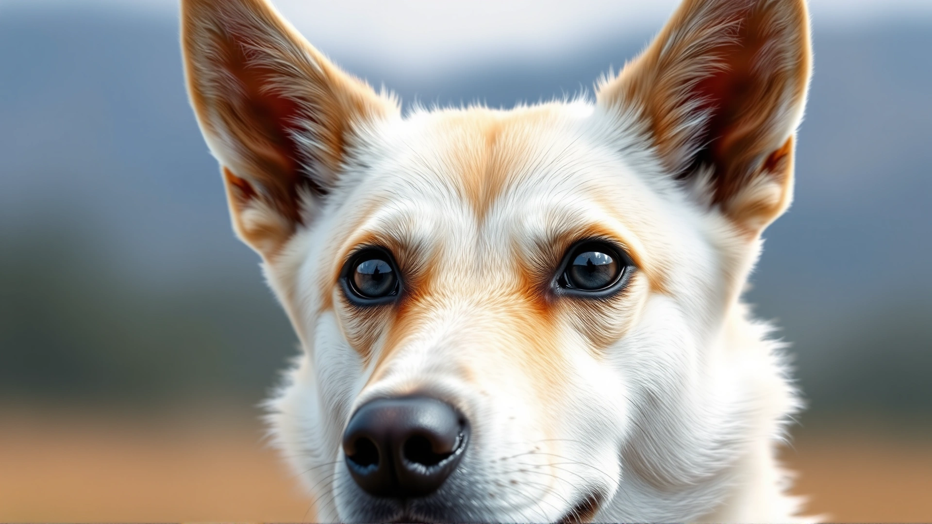 Close-up portrait of an alert Kishu Ken showing wedge-shaped head, erect triangular ears, dark almond eyes, and short white double coat against a softly blurred natural backdrop