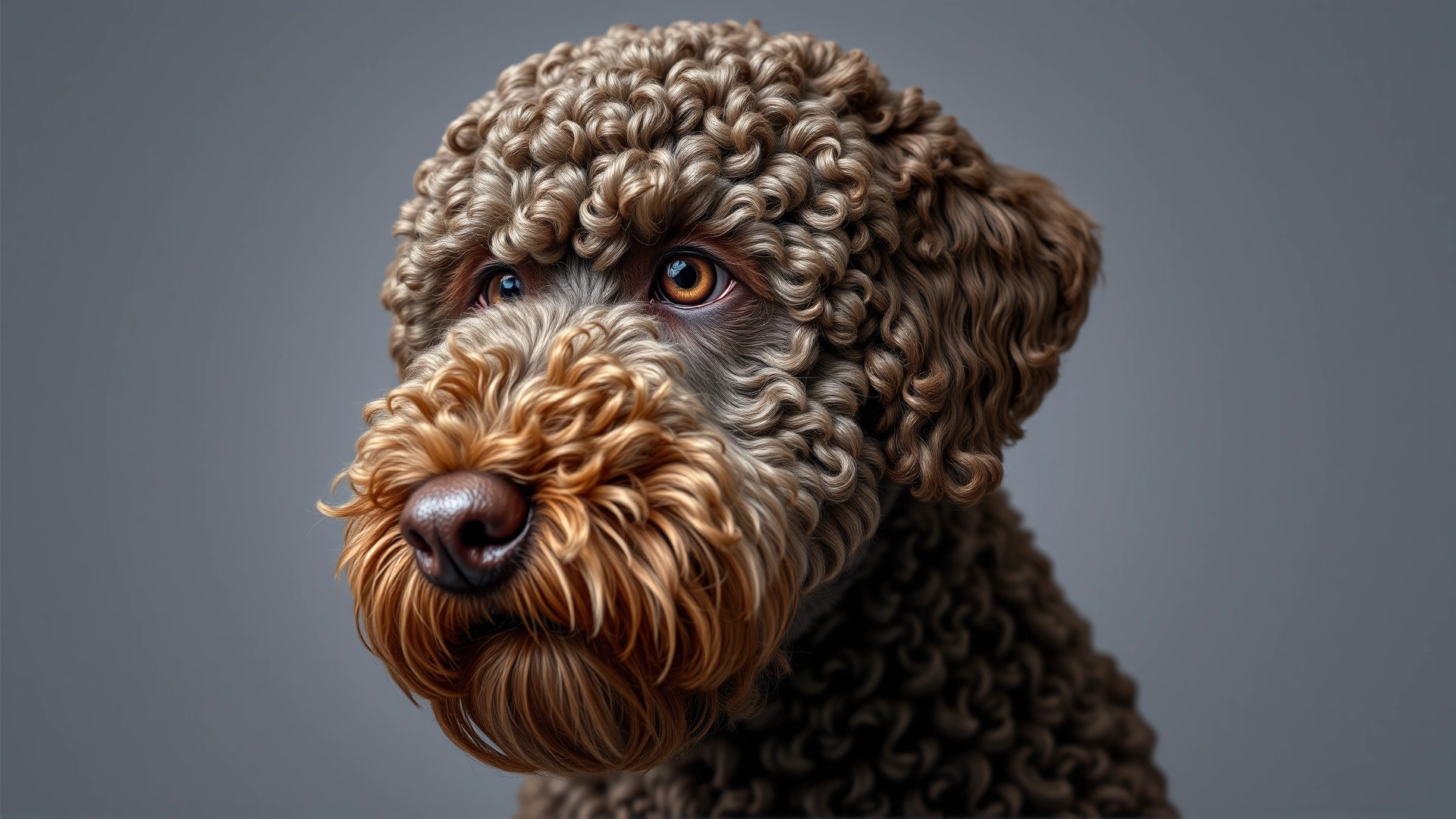 Close-up portrait of a Lagotto Romagnolo showing curly coat texture and expressive hazel eyes, neutral studio background.