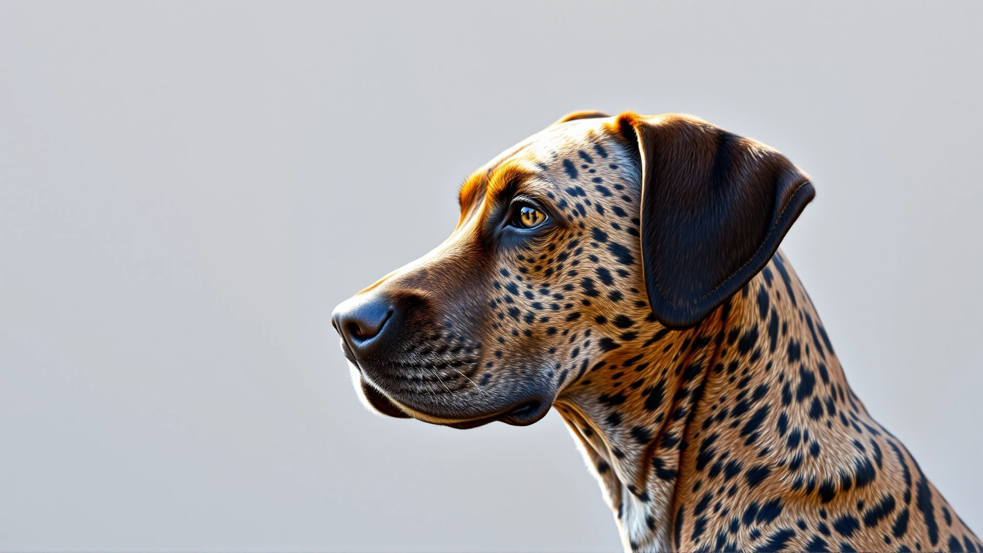 Close-up, full-body side profile of a healthy adult Mountain Cur showing brindle coat pattern against a neutral outdoor background, sharp focus, natural light