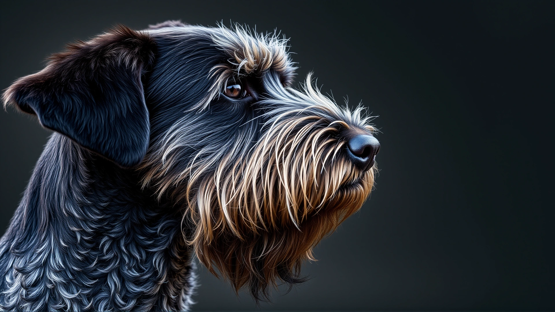 Close-up profile of a Pudelpointer displaying its wiry coat texture, pronounced eyebrows, and distinctive beard