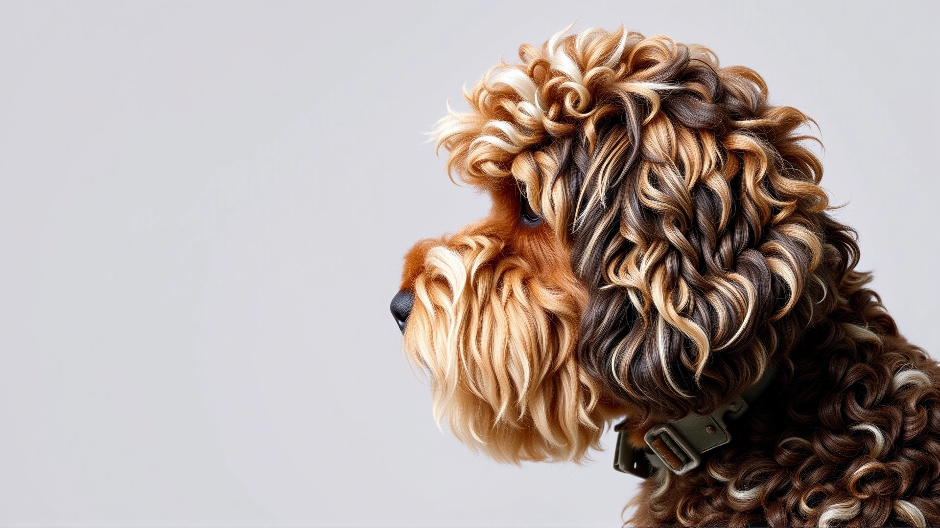 Close-up side profile of a well-groomed Shepadoodle showing its wavy coat texture and two-tone coloring against a neutral studio background.