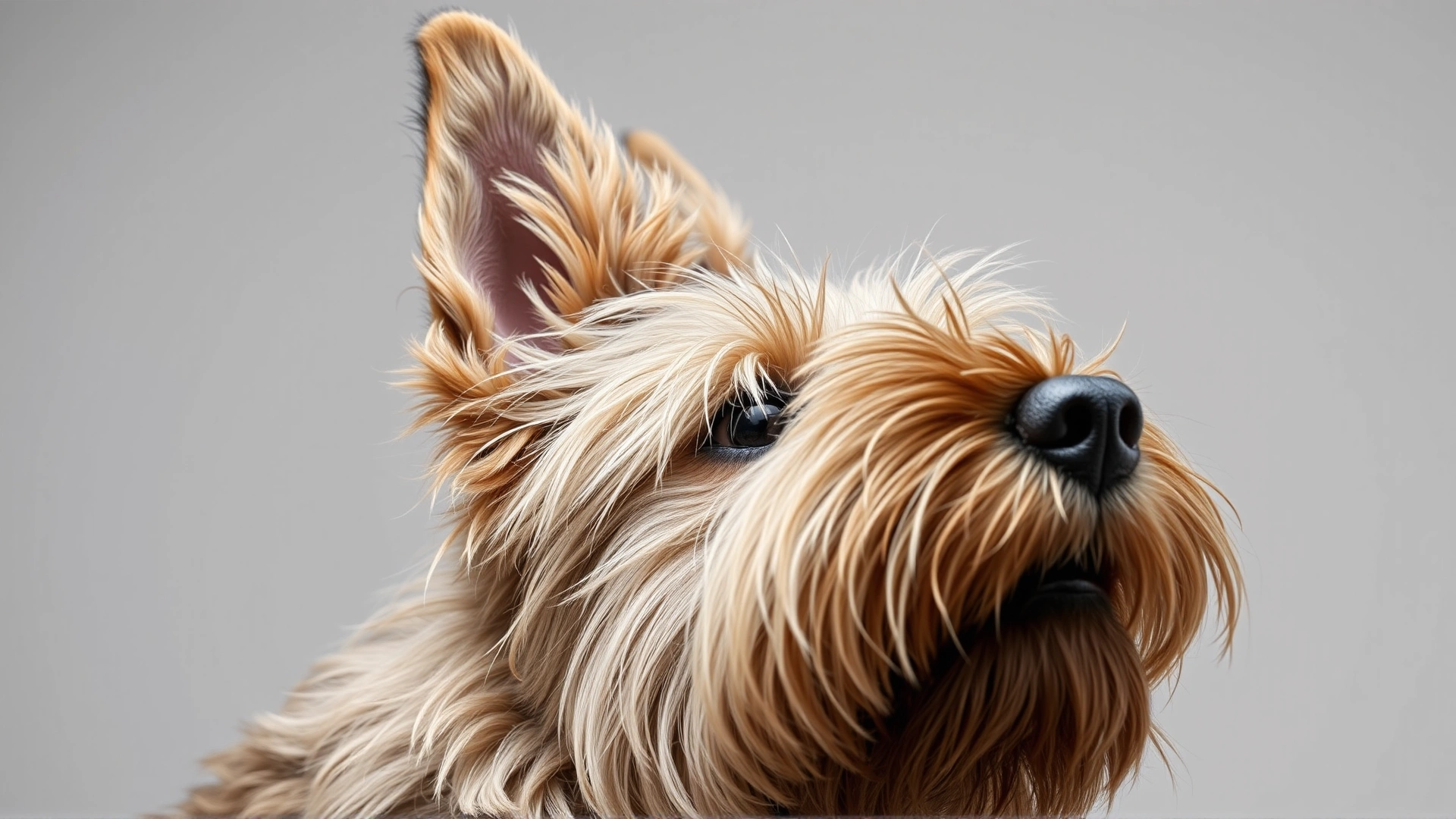 Close-up portrait of a Berger Picard looking slightly to the side, focusing on its distinctive shaggy fur and erect ears, neutral background