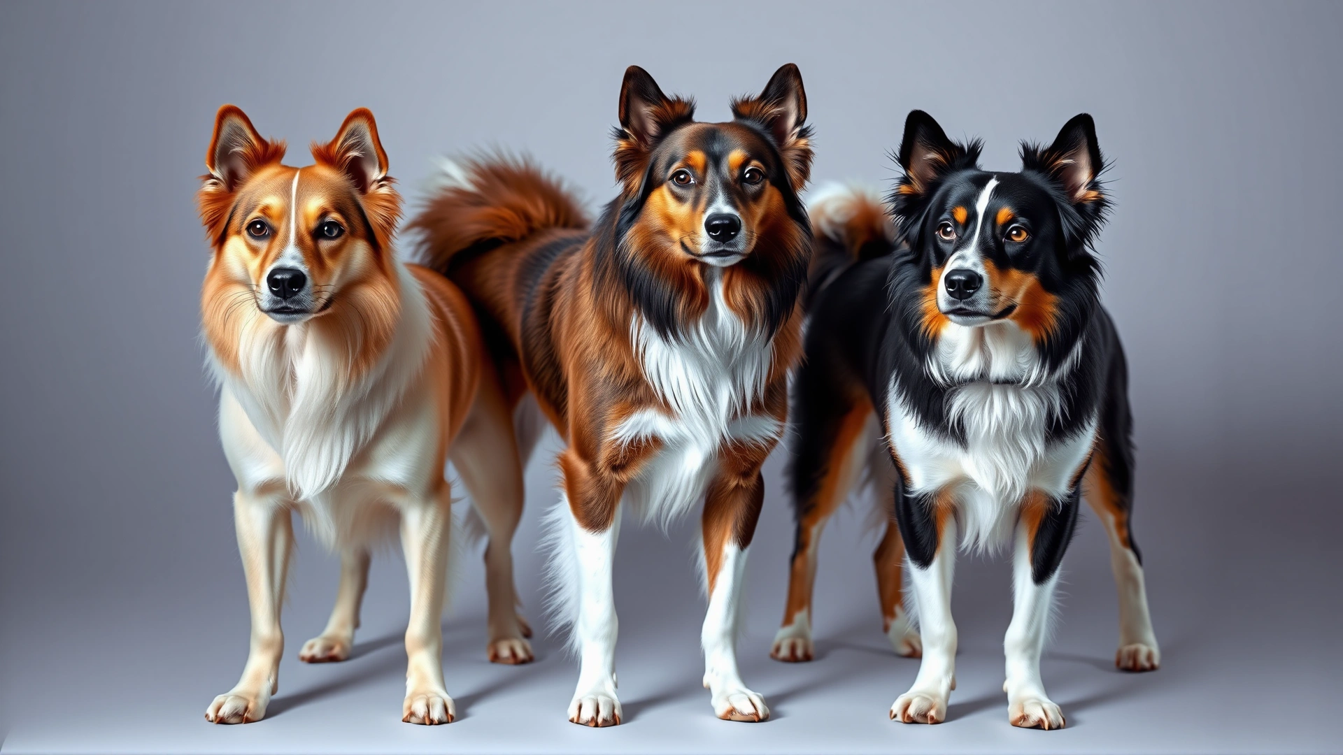 Three Malshi dogs displaying different coat colors (white, tan, and tricolor) standing side by side in a simple studio setup to showcase variety, evenly lit, plain backdrop