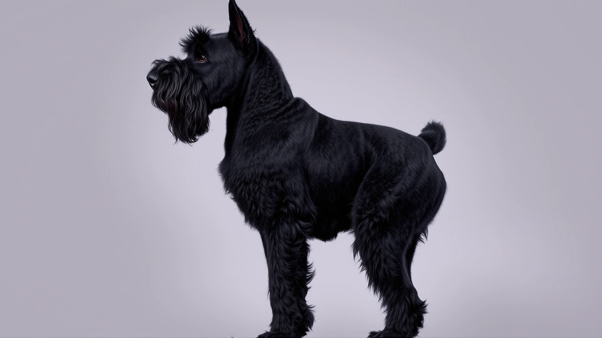 Side profile of a mature Black Russian Terrier in a show stance, clearly displaying its beard, eyebrows, and powerful physique, neutral background.