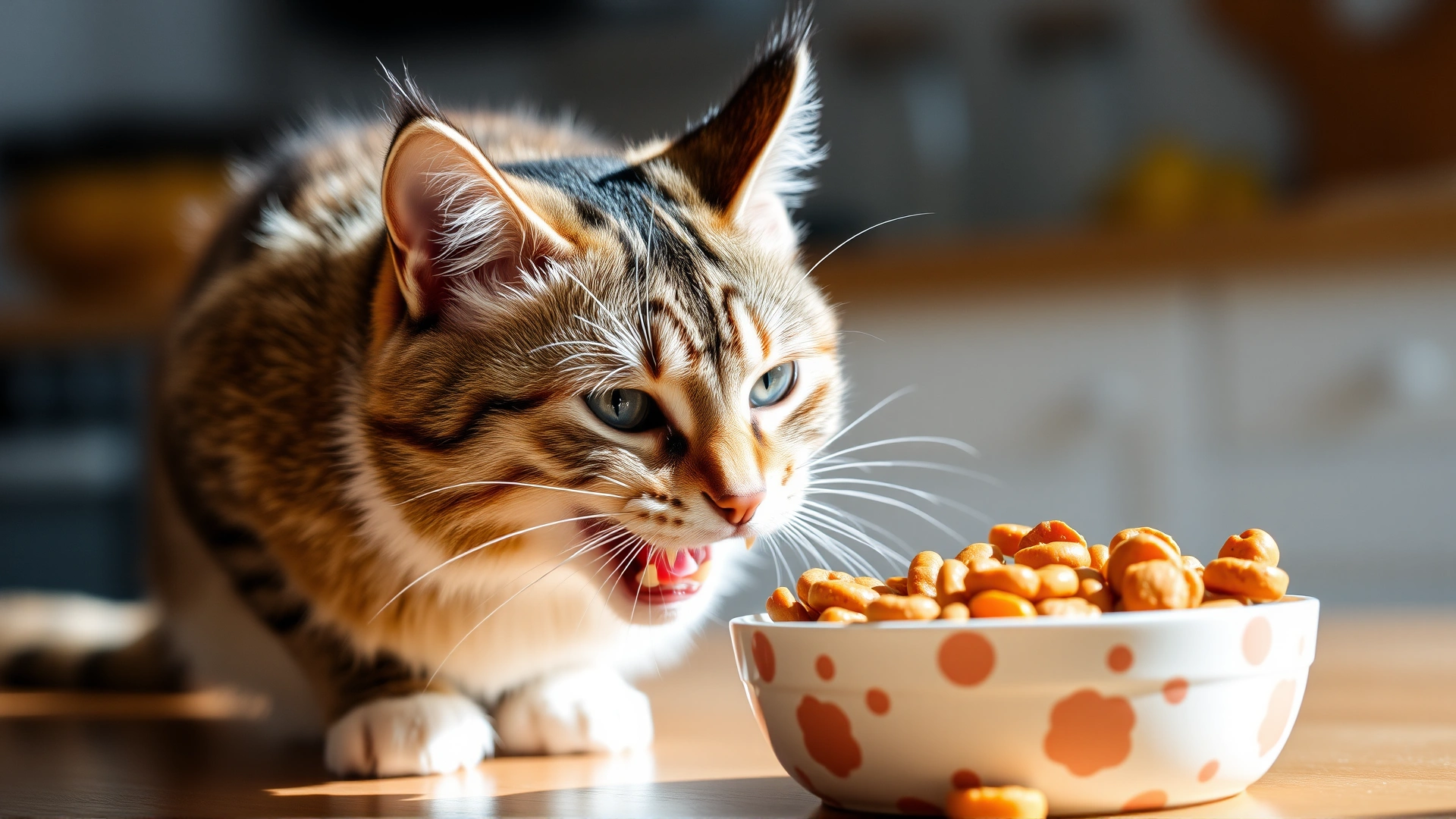 Cat eagerly eating from a food bowl, kitchen background, bright daylight, shallow depth of field.