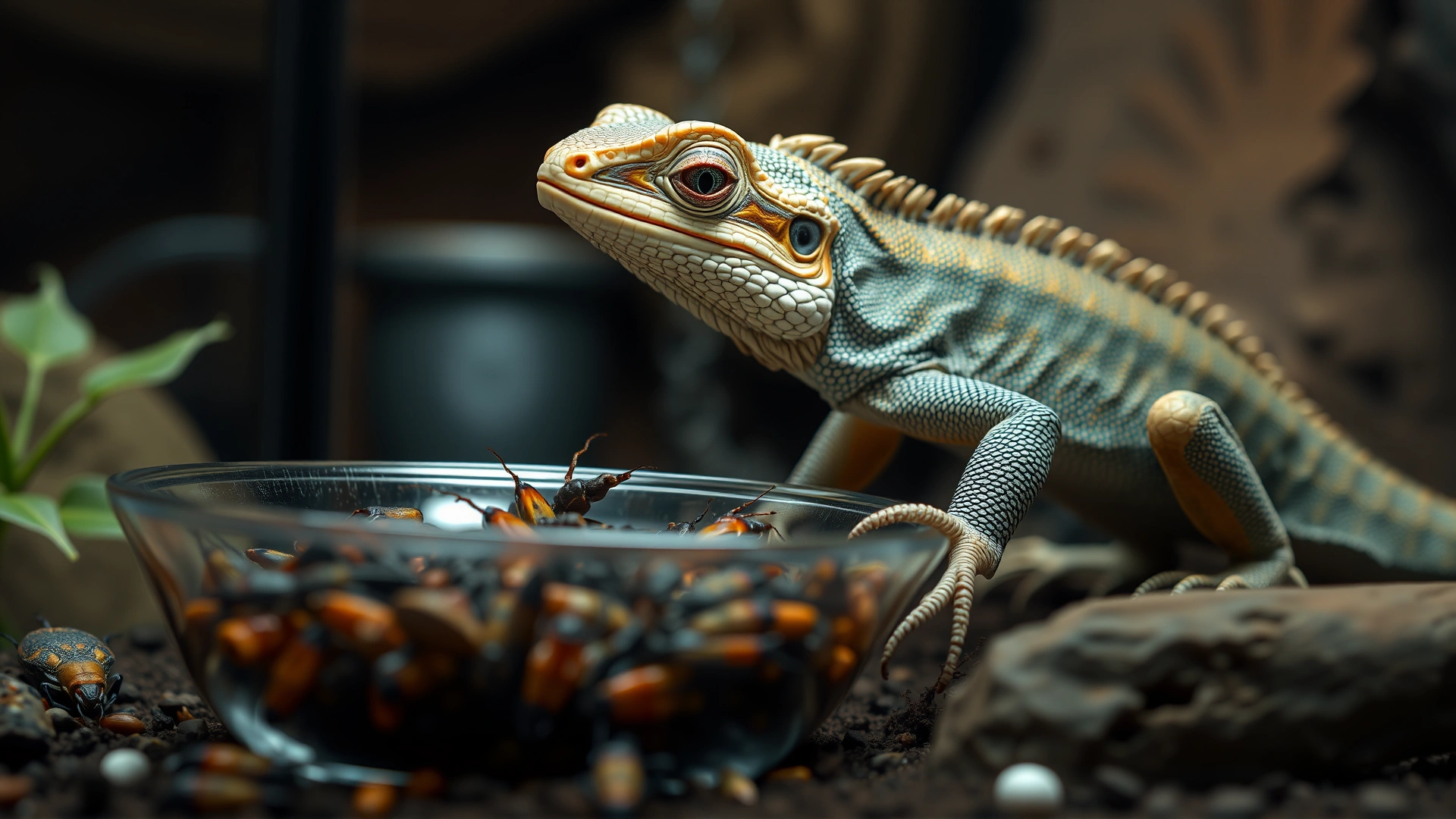 A lizard inside a terrarium ignoring a bowl of live insects, food untouched to illustrate loss of appetite.