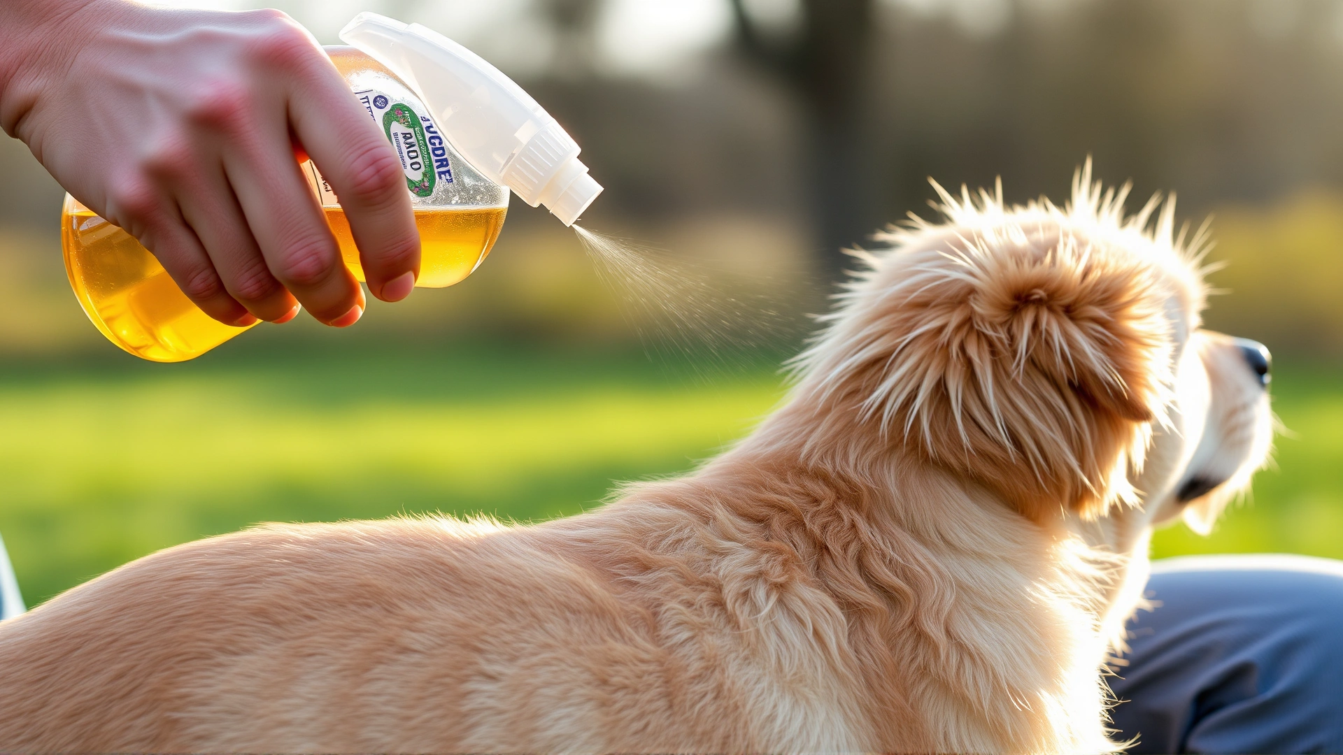 Owner spraying diluted apple cider vinegar from a transparent spray bottle onto a short-haired dog's back outdoors under mild sunlight.