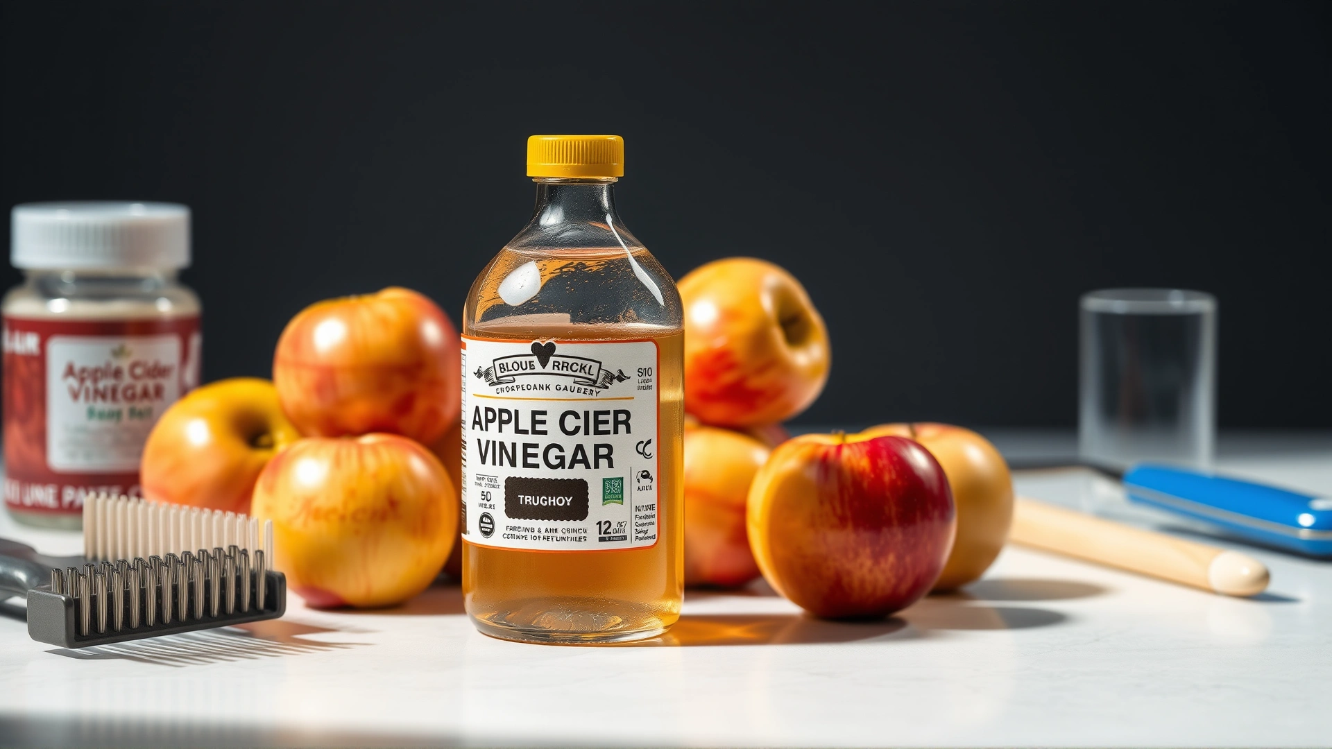 Transparent bottle of apple cider vinegar with apples around it, placed near pet grooming items like a brush, bright lighting