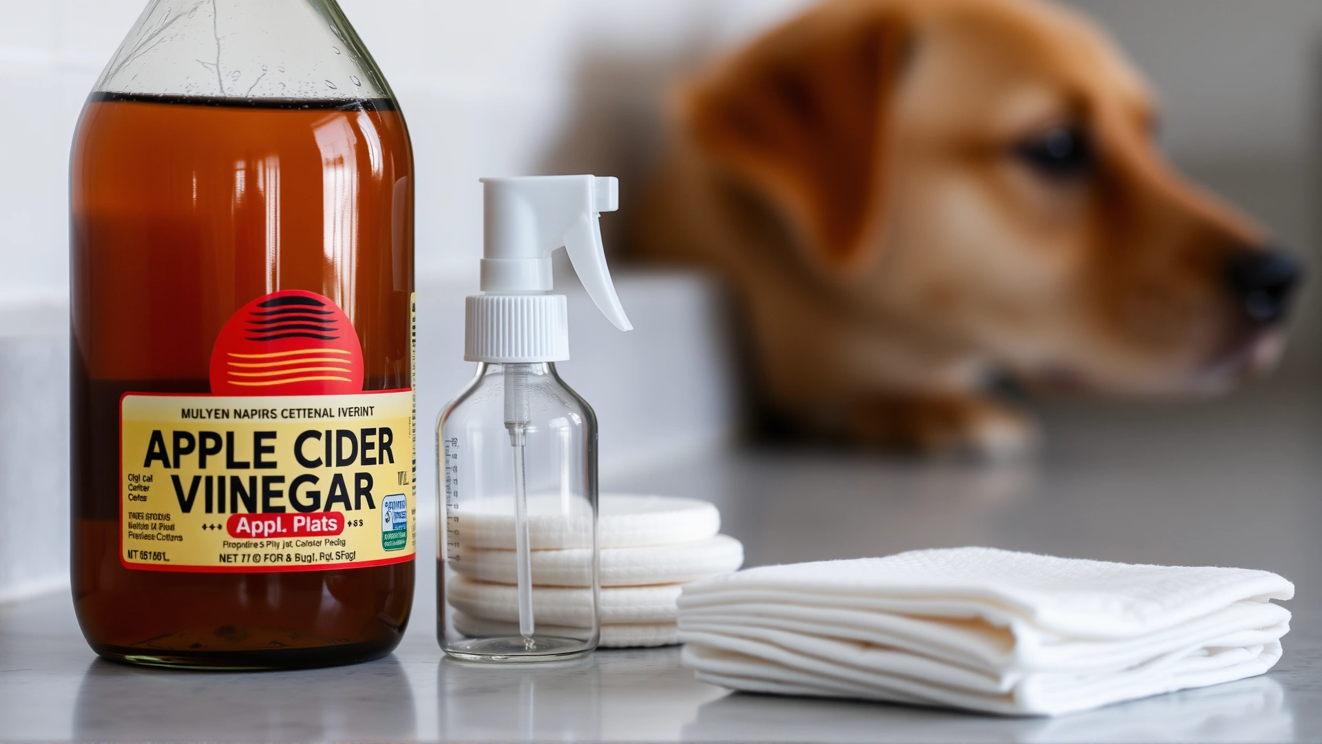 Brown glass bottle labeled apple cider vinegar, a small spray bottle, and cotton pads arranged neatly on a counter with a dog’s ear in soft focus in the background.